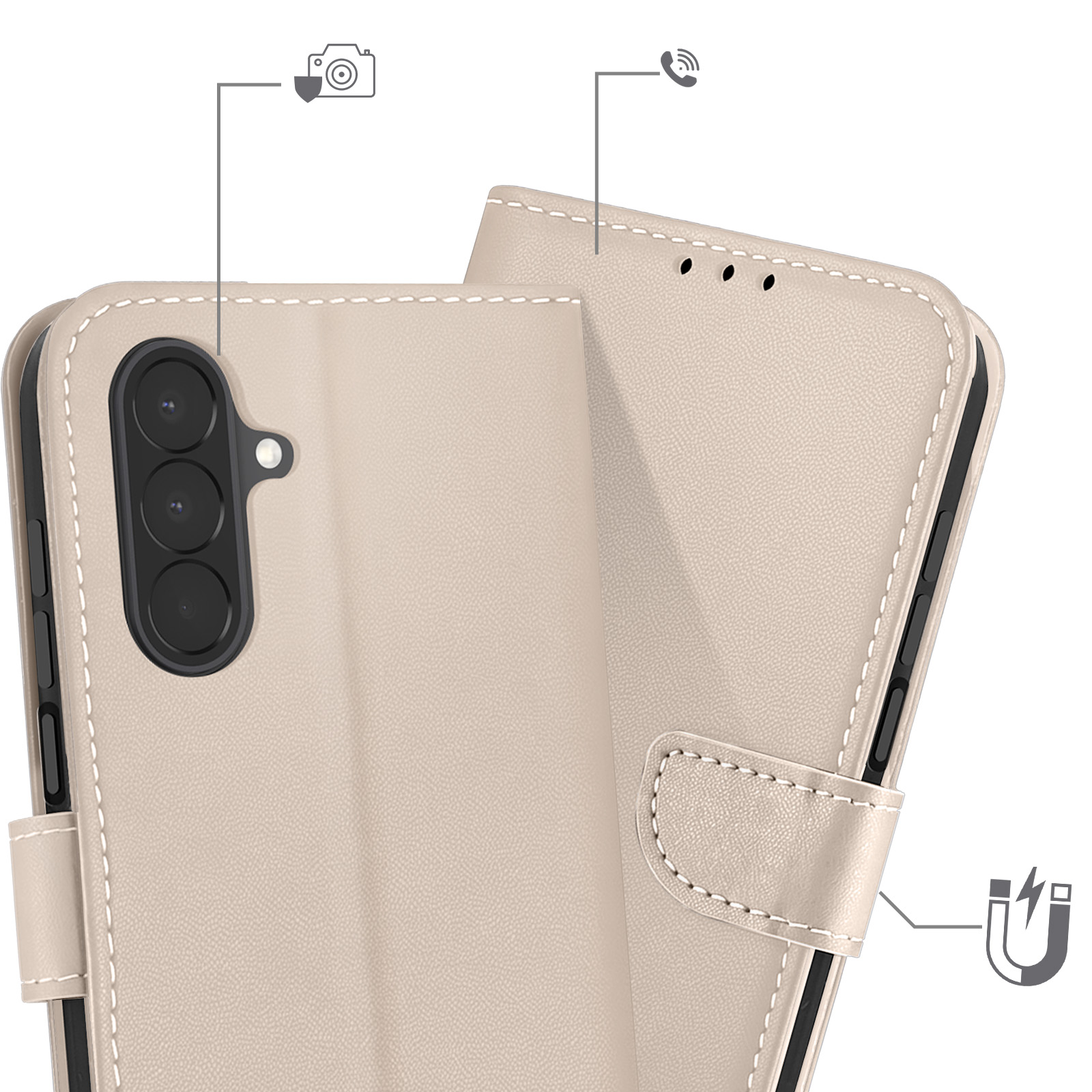 Beigefarbene Handytasche aus Leder mit Kamera-, Telefon- und Magnetsymbolen.