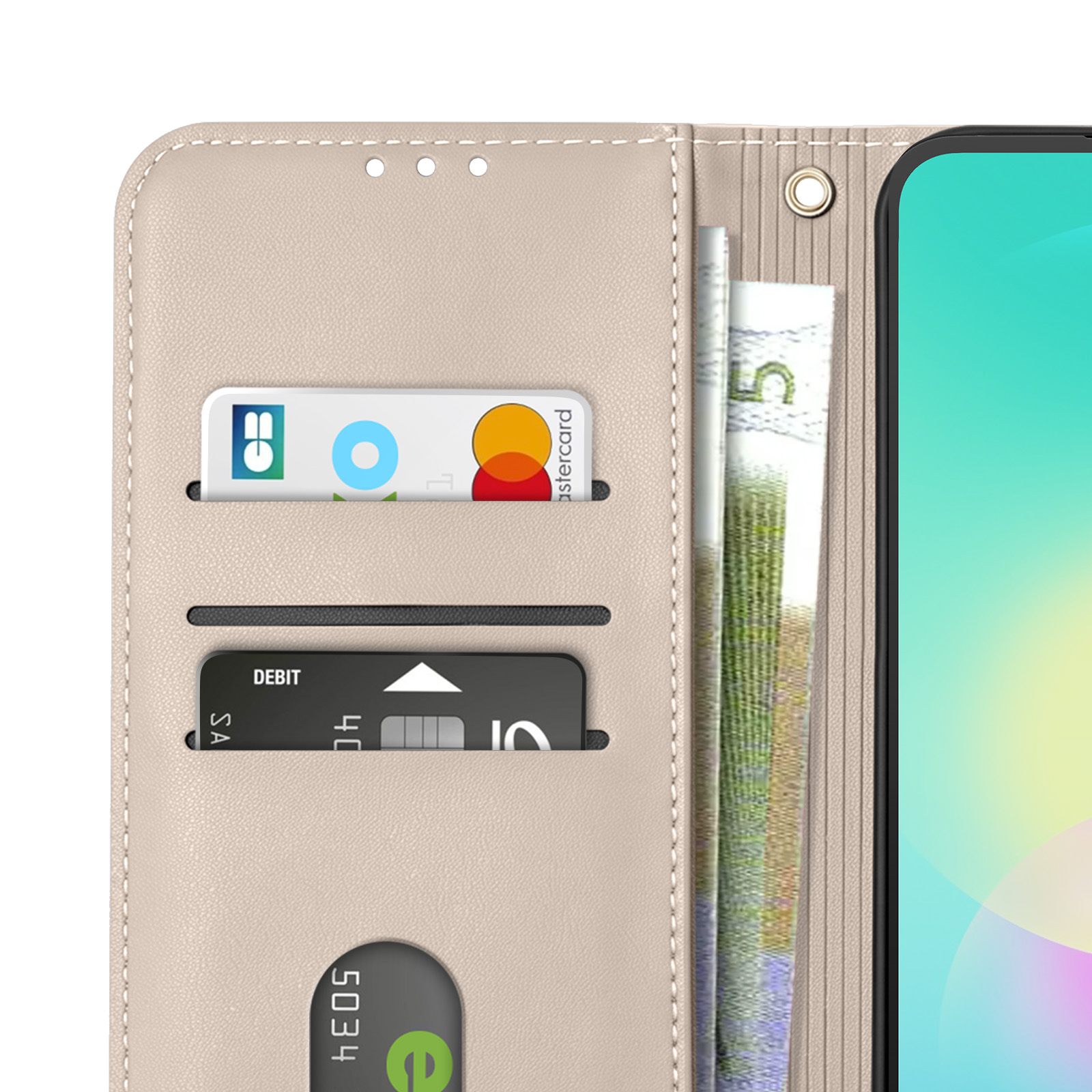 Beigefarbene Handy-Brieftasche mit Kartenfächern, Geldscheinen und Smartphone.