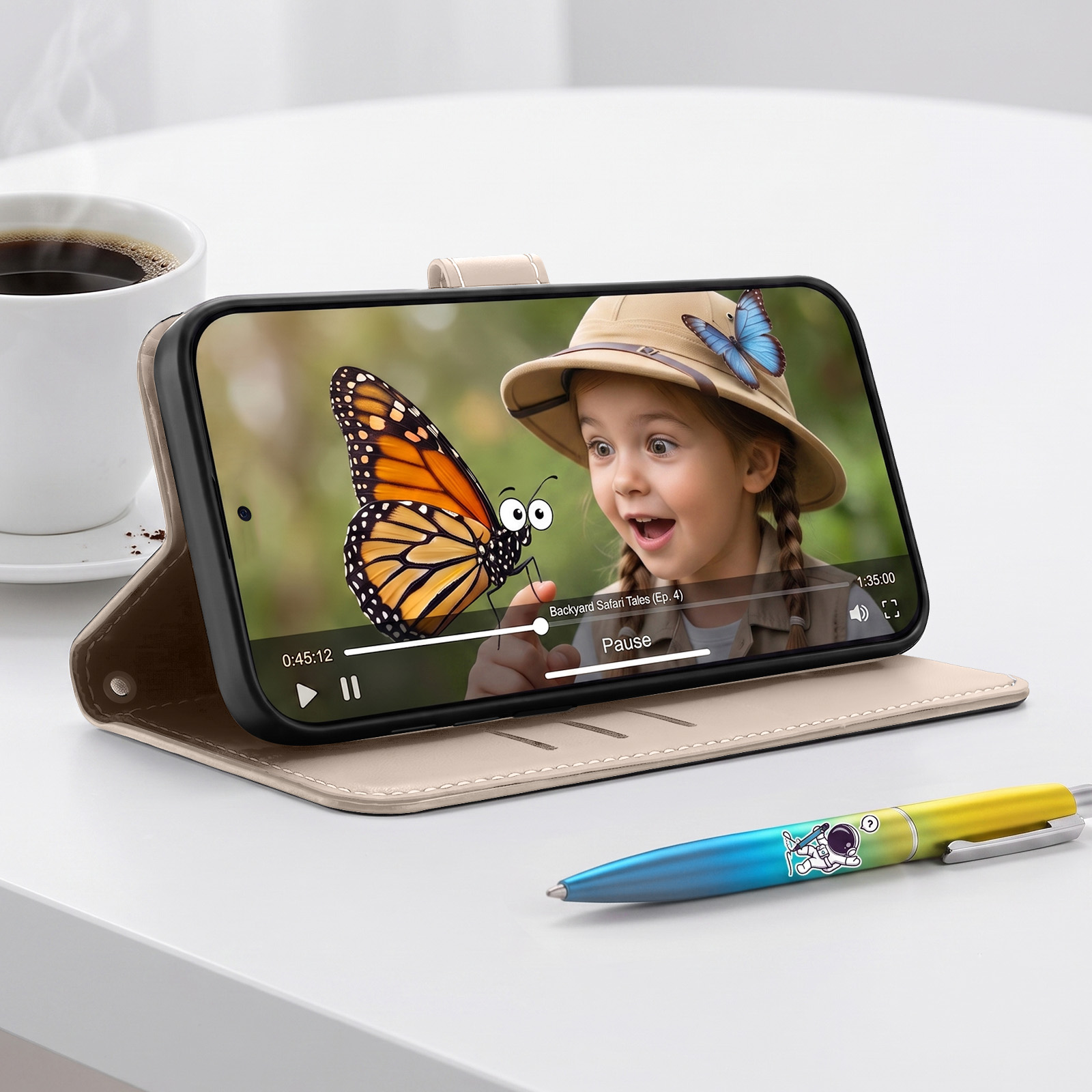 Smartphone in beigem Etui auf weißem Tisch, mit Video eines Mädchens und Schmetterlingen, neben Kaffeetasse und Stift.
