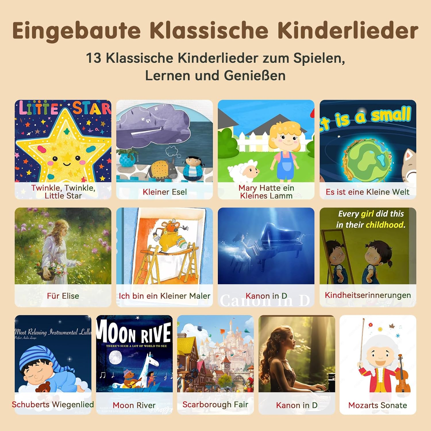 Eine Grafik zeigt 13 verschiedene klassische Kinderlieder mit bunten Illustrationen und Titeln.