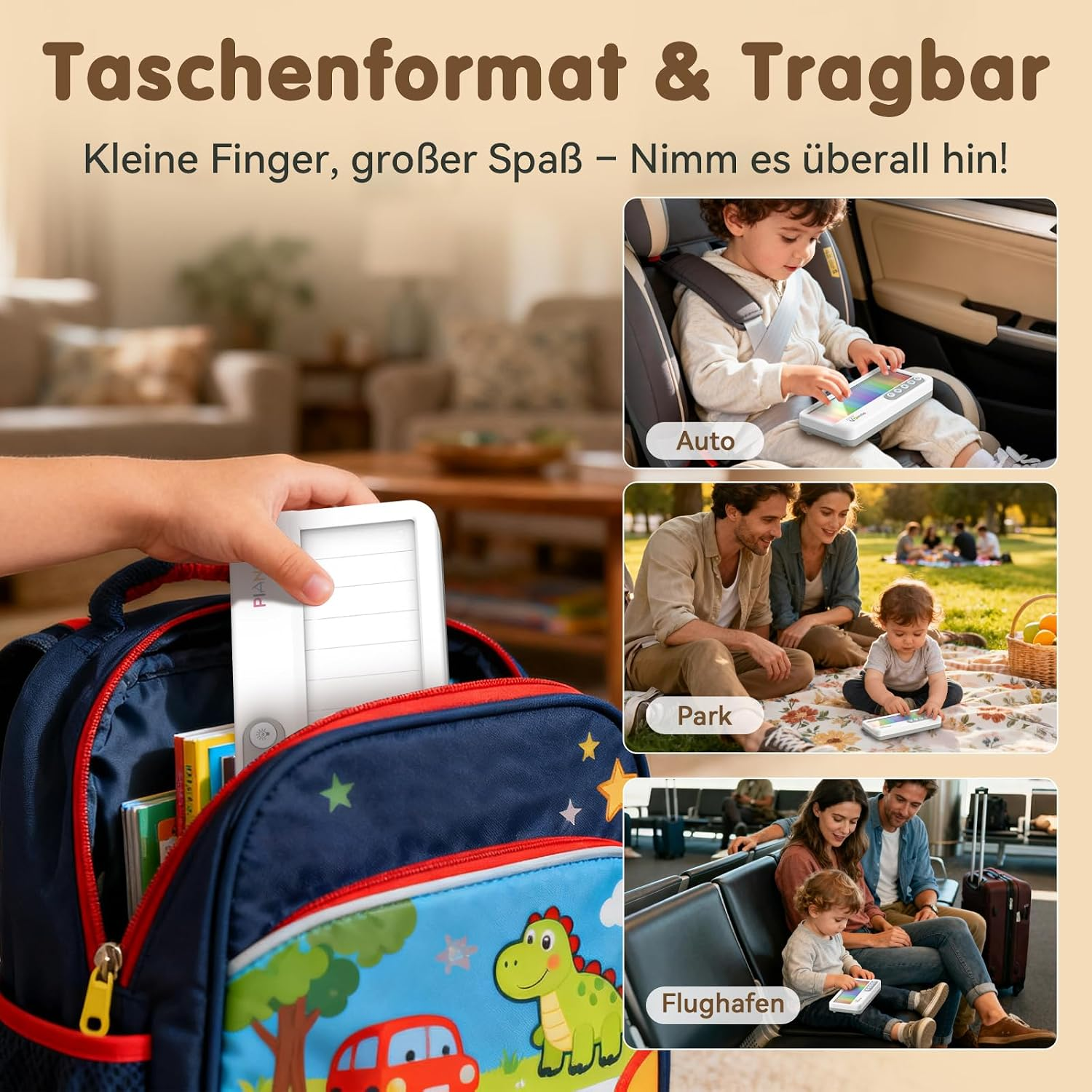 Tragbares Kinderspielzeug für unterwegs, gezeigt im Auto, Park und Flughafen.