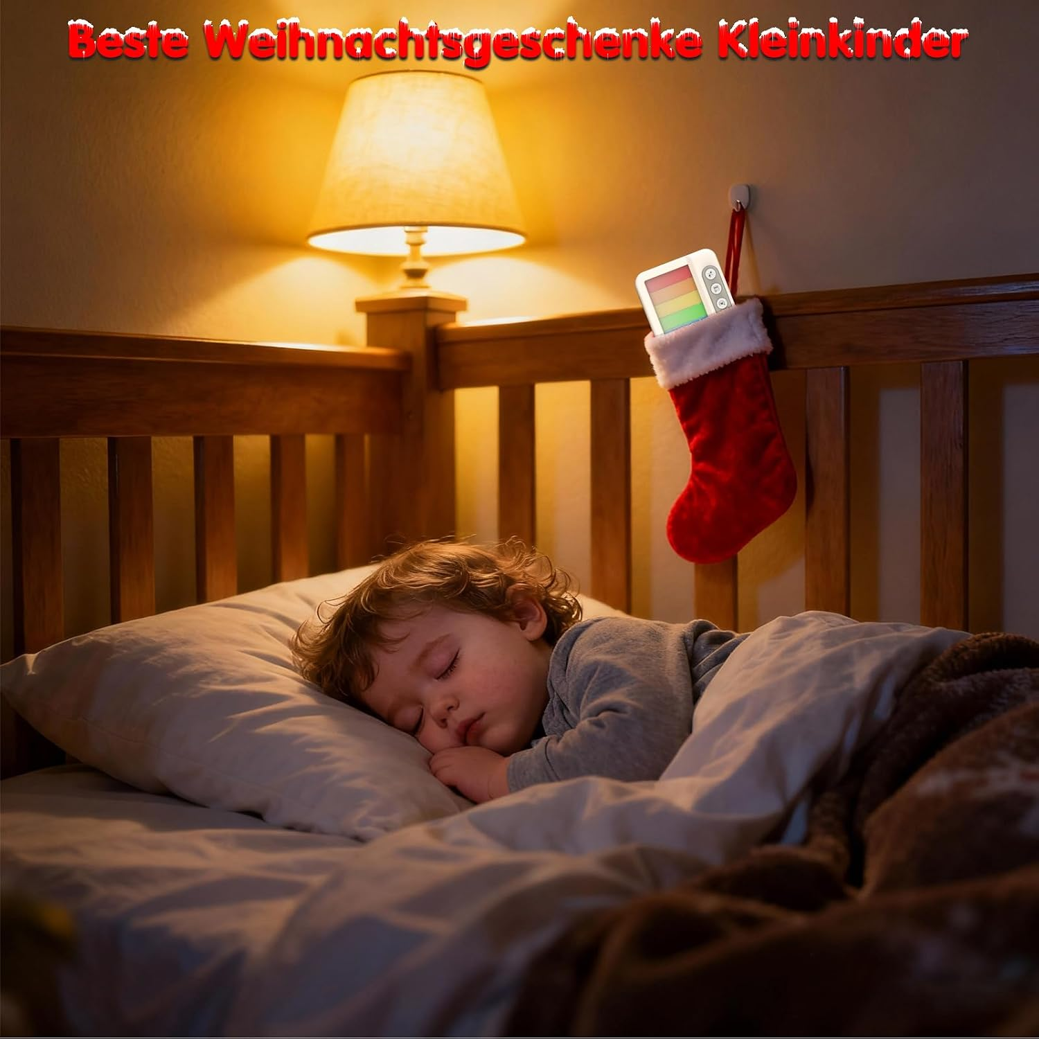 Ein Kleinkind schläft in einem Holzbett mit einer leuchtenden Lampe und einem Weihnachtsstiefel am Gitter.