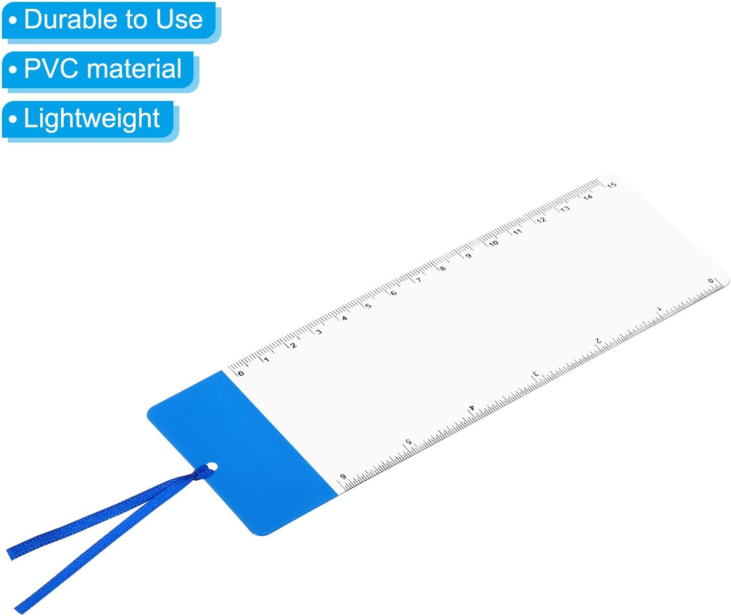 Ein weiß-blaues PVC-Lineal mit Lesezeichenfunktion und blauen Bändern.