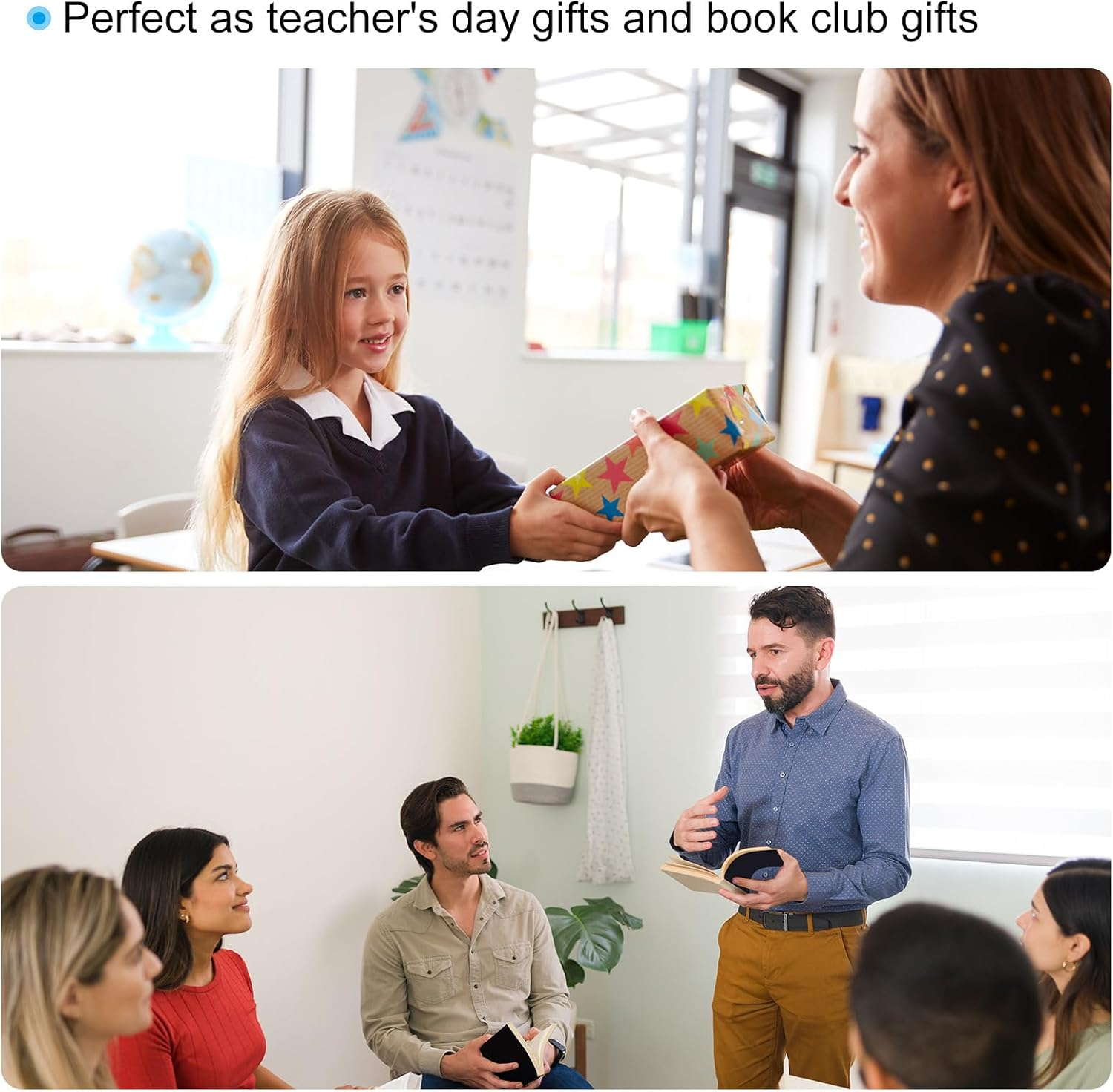 Eine Schülerin gibt ihrer Lehrerin ein Geschenk, und eine Gruppe diskutiert mit einem Lehrer.
