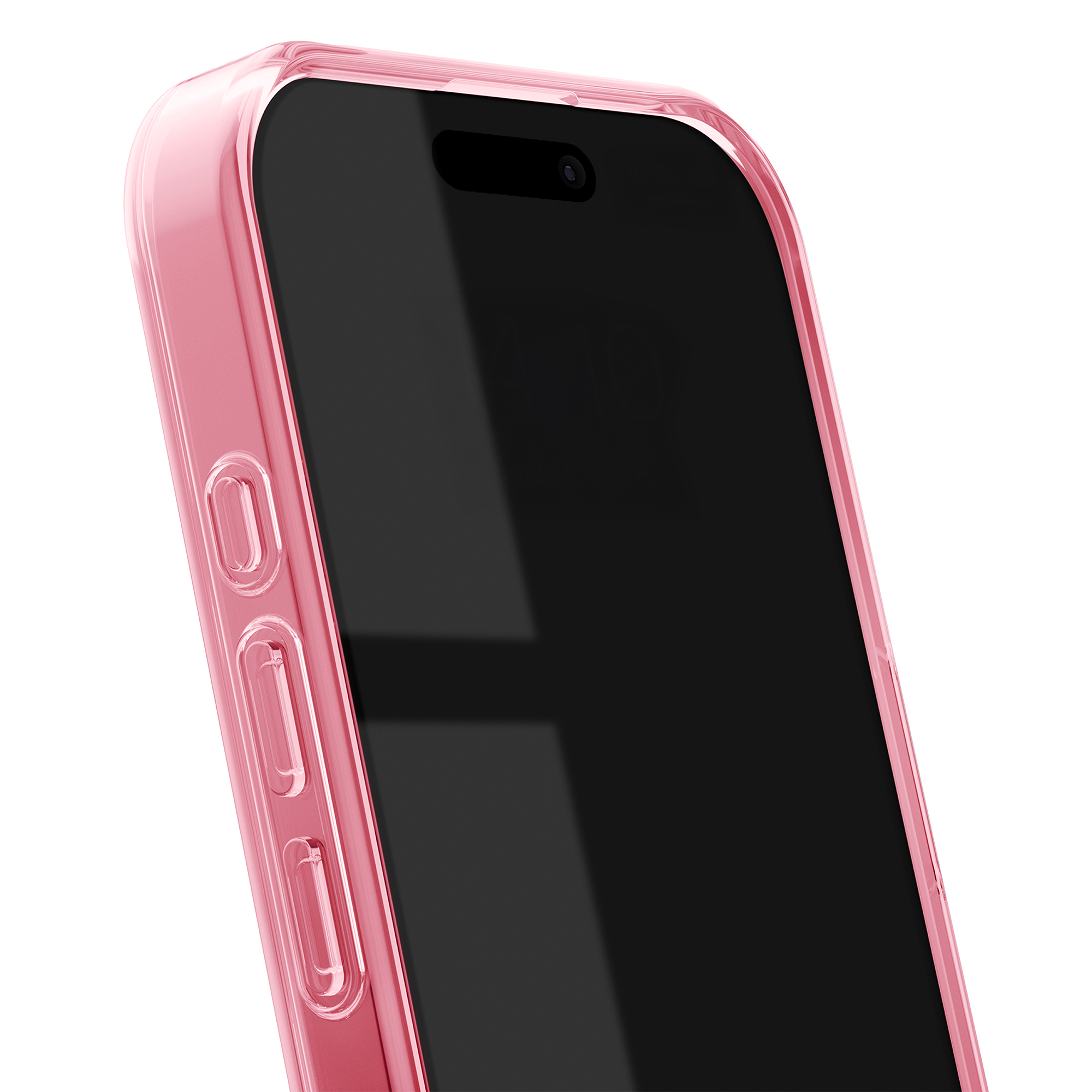 Ein Smartphone mit einer glänzenden rosa Schutzhülle ist auf weißem Hintergrund zu sehen.