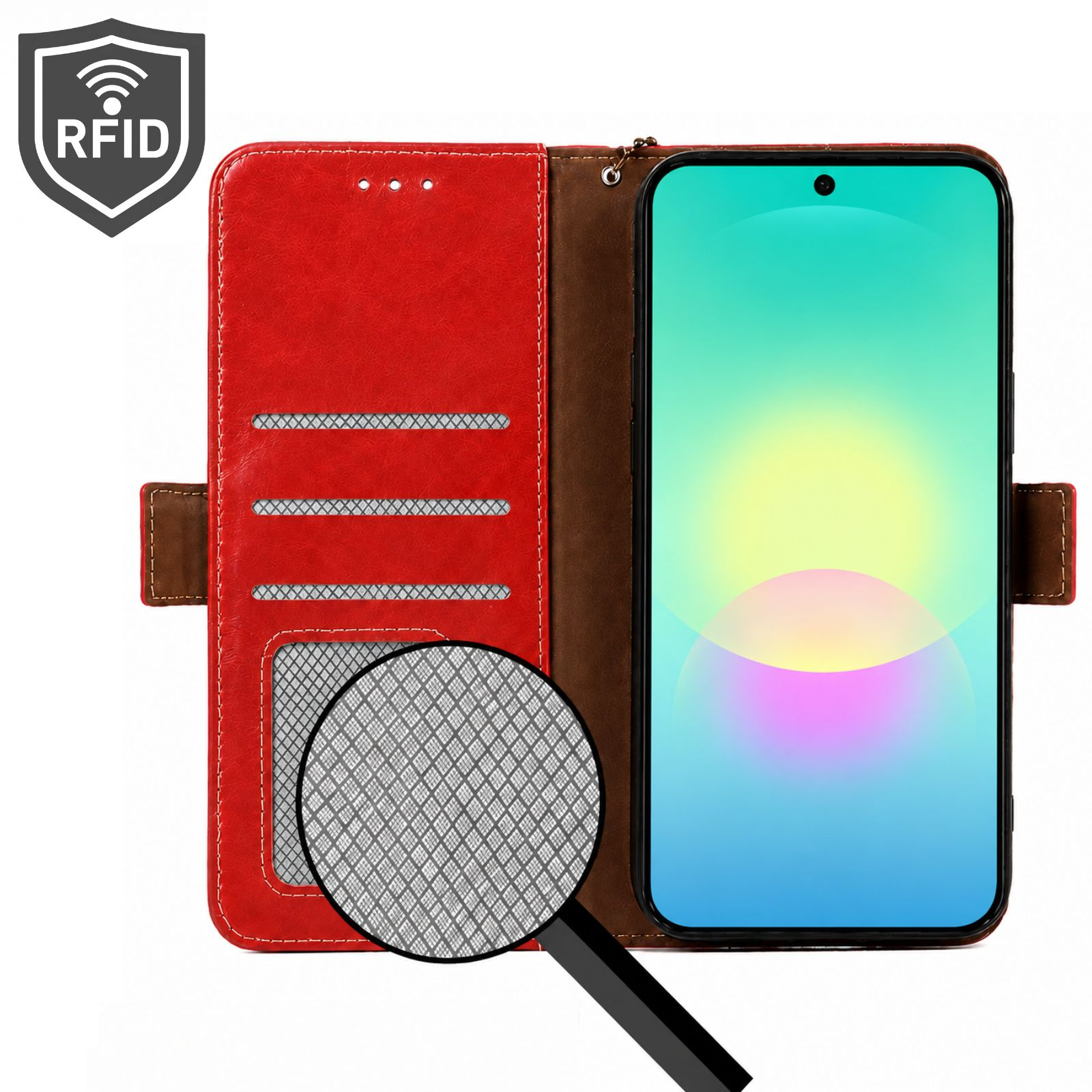 Ein rotes und braunes Leder-Handy-Flip-Case mit RFID-Symbol und einer Lupenansicht des Futters.