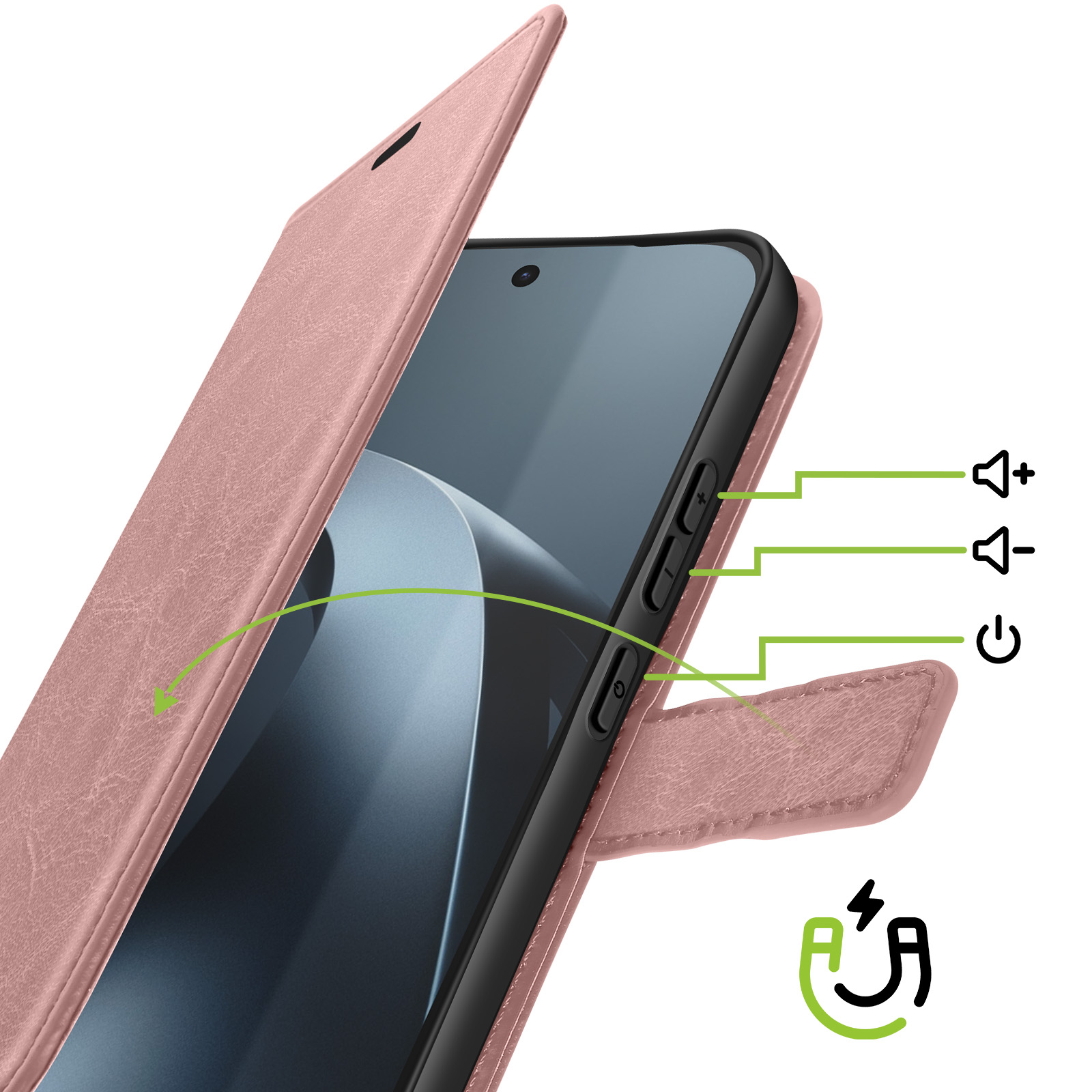 Rosa Klapphülle für Smartphone mit sichtbaren Lautstärke- und Ein-Aus-Tasten.
