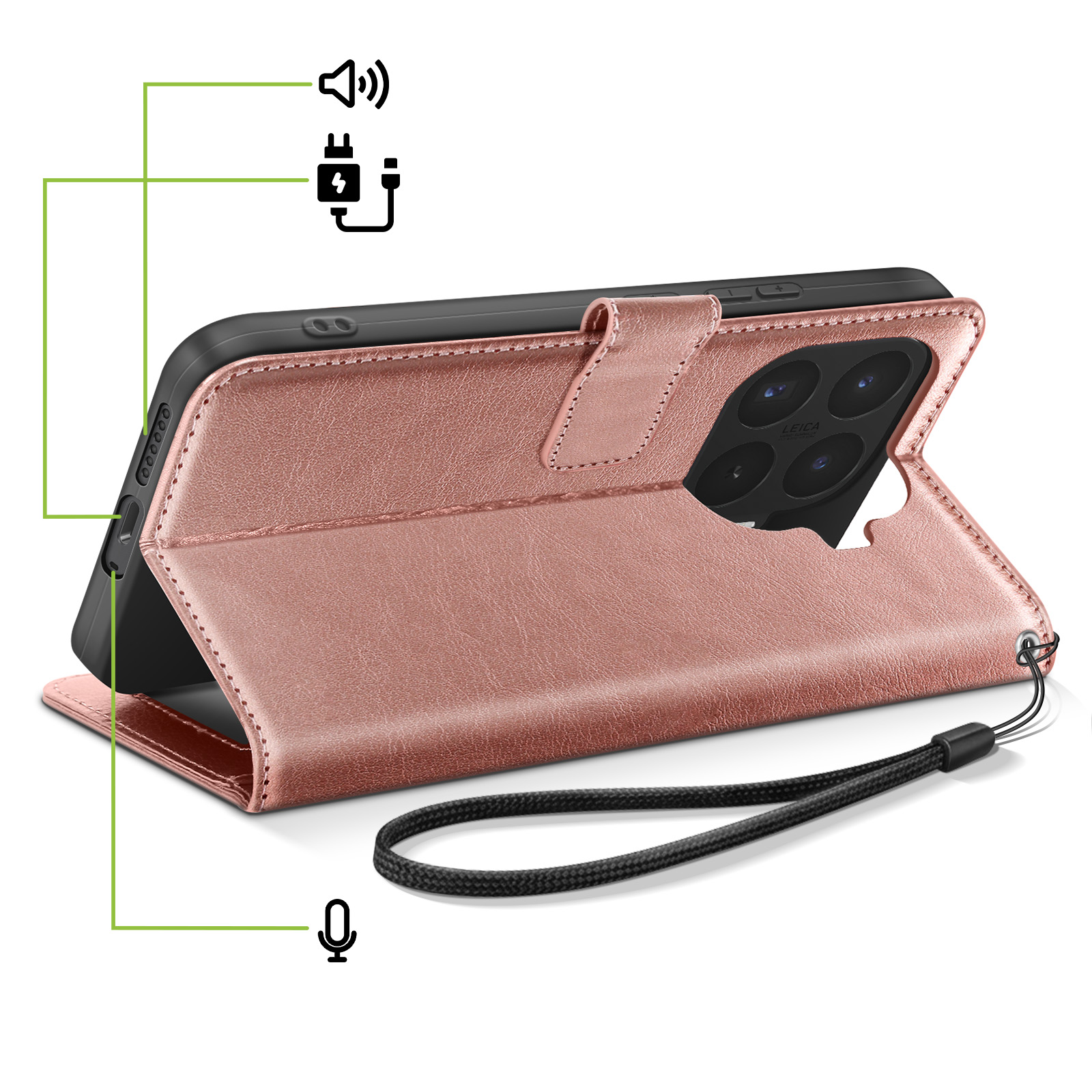 Rosegoldene Handytasche mit schwarzem Band und Icons für Lautsprecher, Ladekabel und Mikrofon.