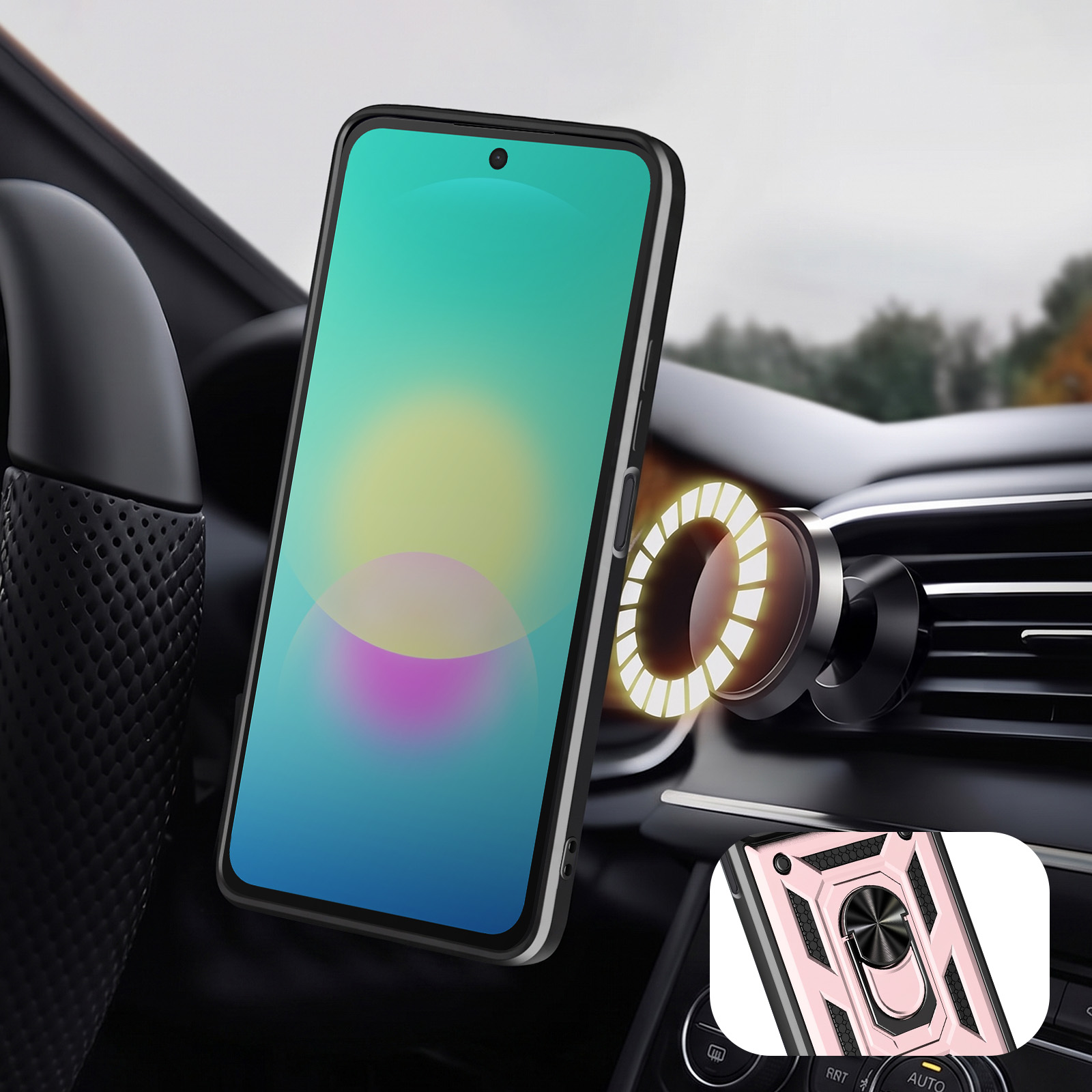 Smartphone in einer Magnethalterung am Lüftungsschlitz eines Autos, inset zeigt die pinke Rückseite mit Ringhalter.