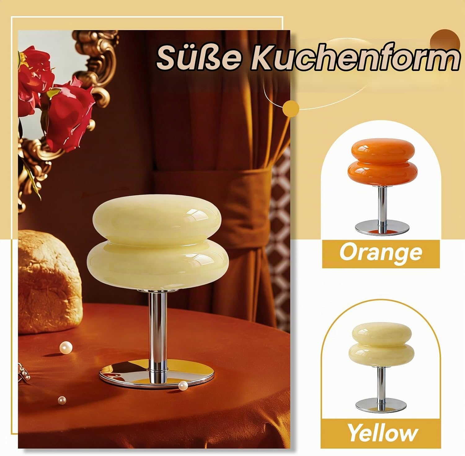 Glänzender, zweistöckiger Kuchenteller mit Chromständer in Gelb und Orange auf einem Tisch mit Deko.