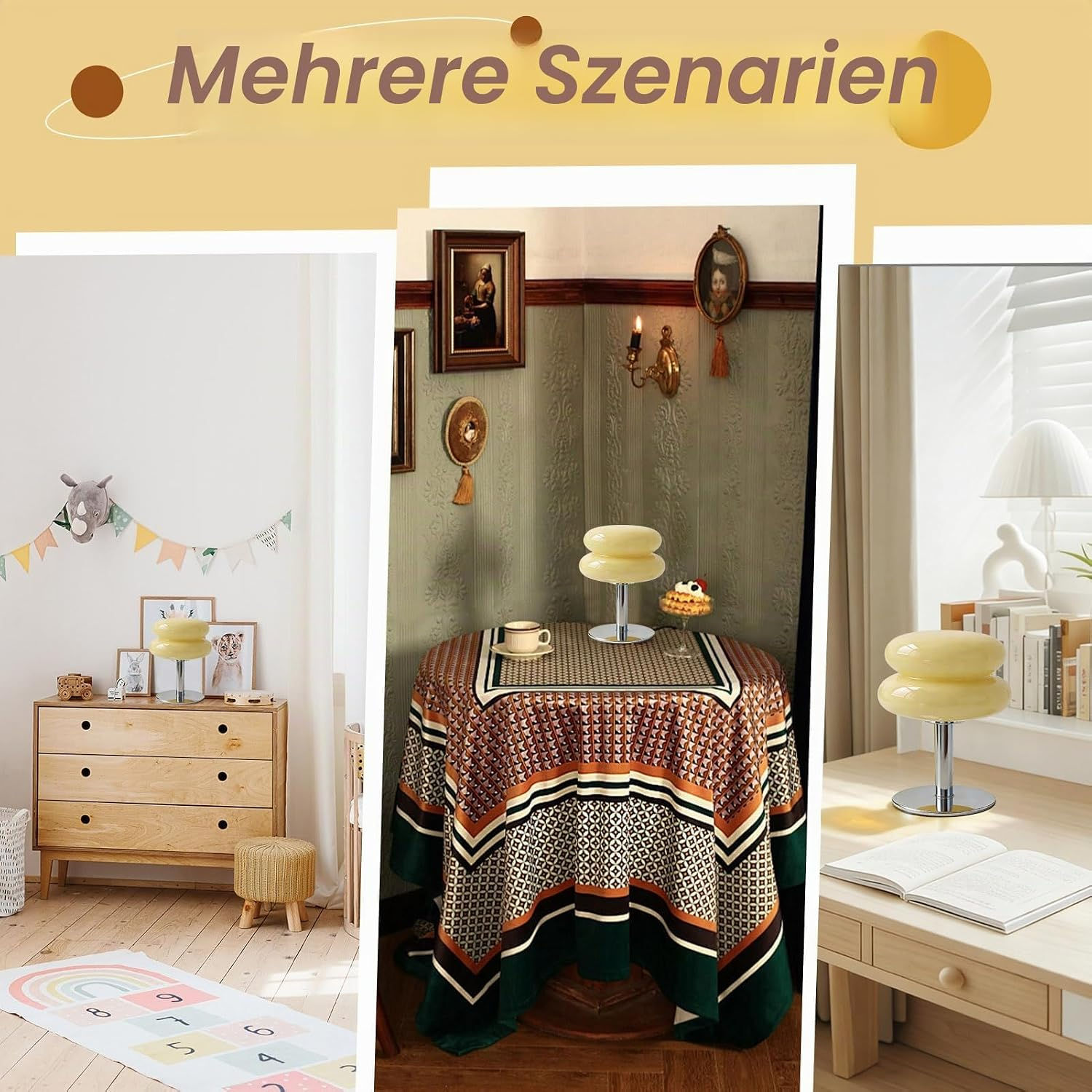 Drei verschiedene Raumszenen zeigen eine gelbe Tischlampe in einem Kinderzimmer, auf einem gemusterten Tisch und auf einem Schreibtisch.