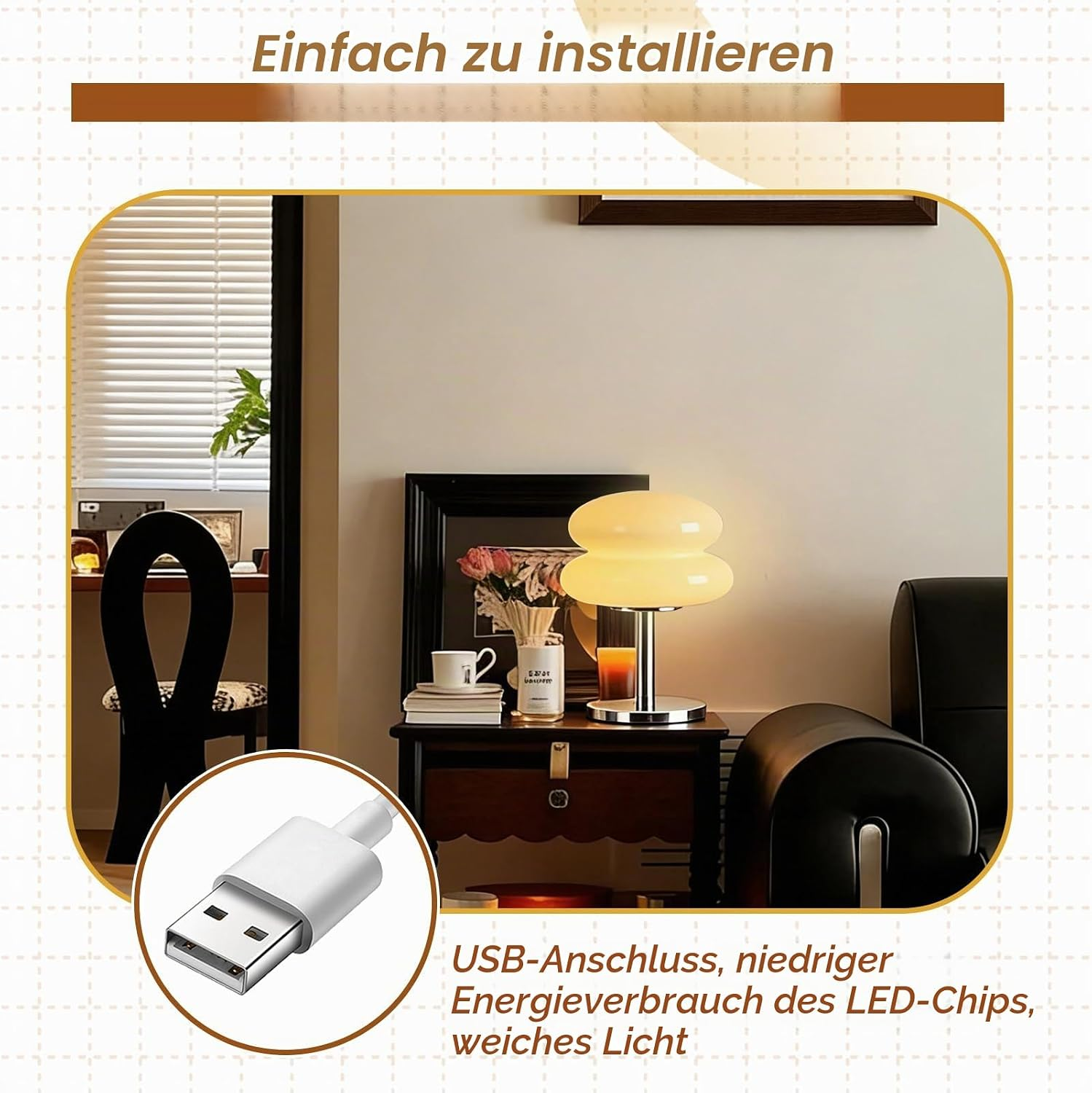 Moderne Nachttischlampe mit USB-Anschluss auf einem Holztisch, im Hintergrund ein heller Raum.