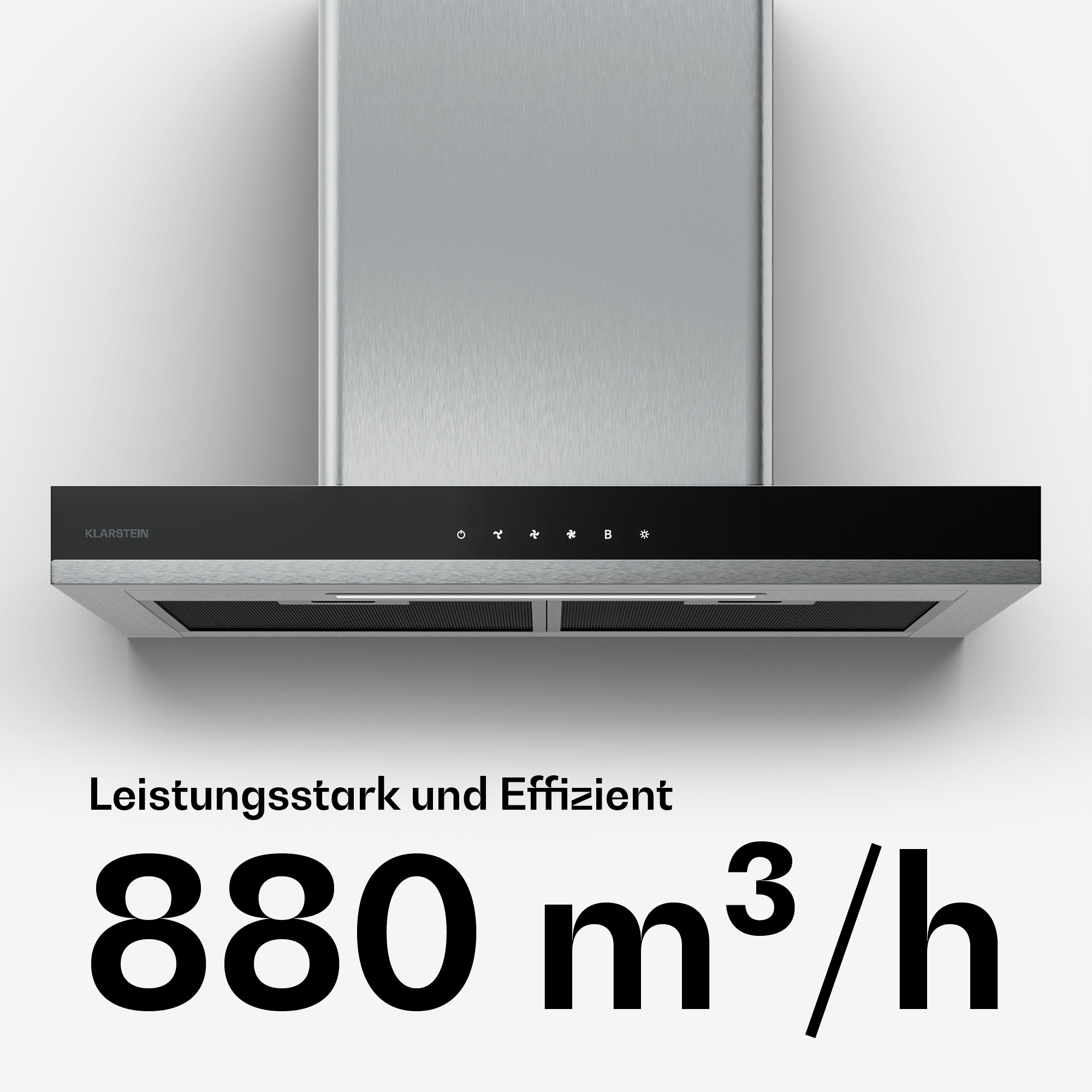 Edelstahl-Dunstabzugshaube mit schwarzem Bedienfeld, Text "Leistungsstark und Effizient" und "880 m³/h".