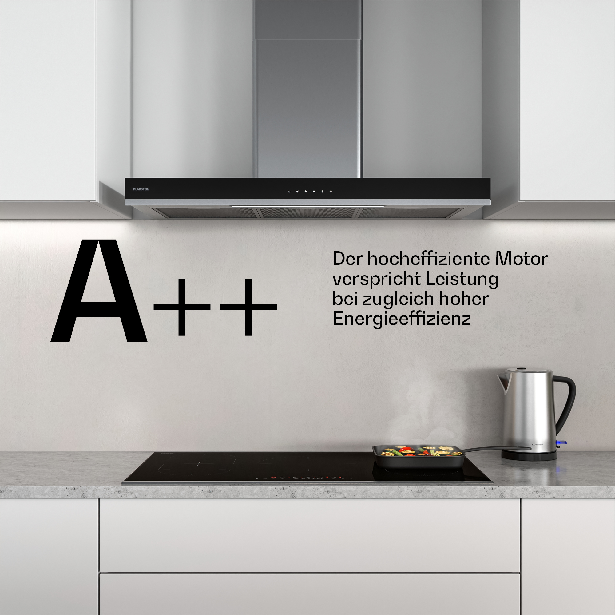 Moderne Küche mit Dunstabzugshaube, Kochfeld, Kettles und A++ Energieeffizienz-Text.