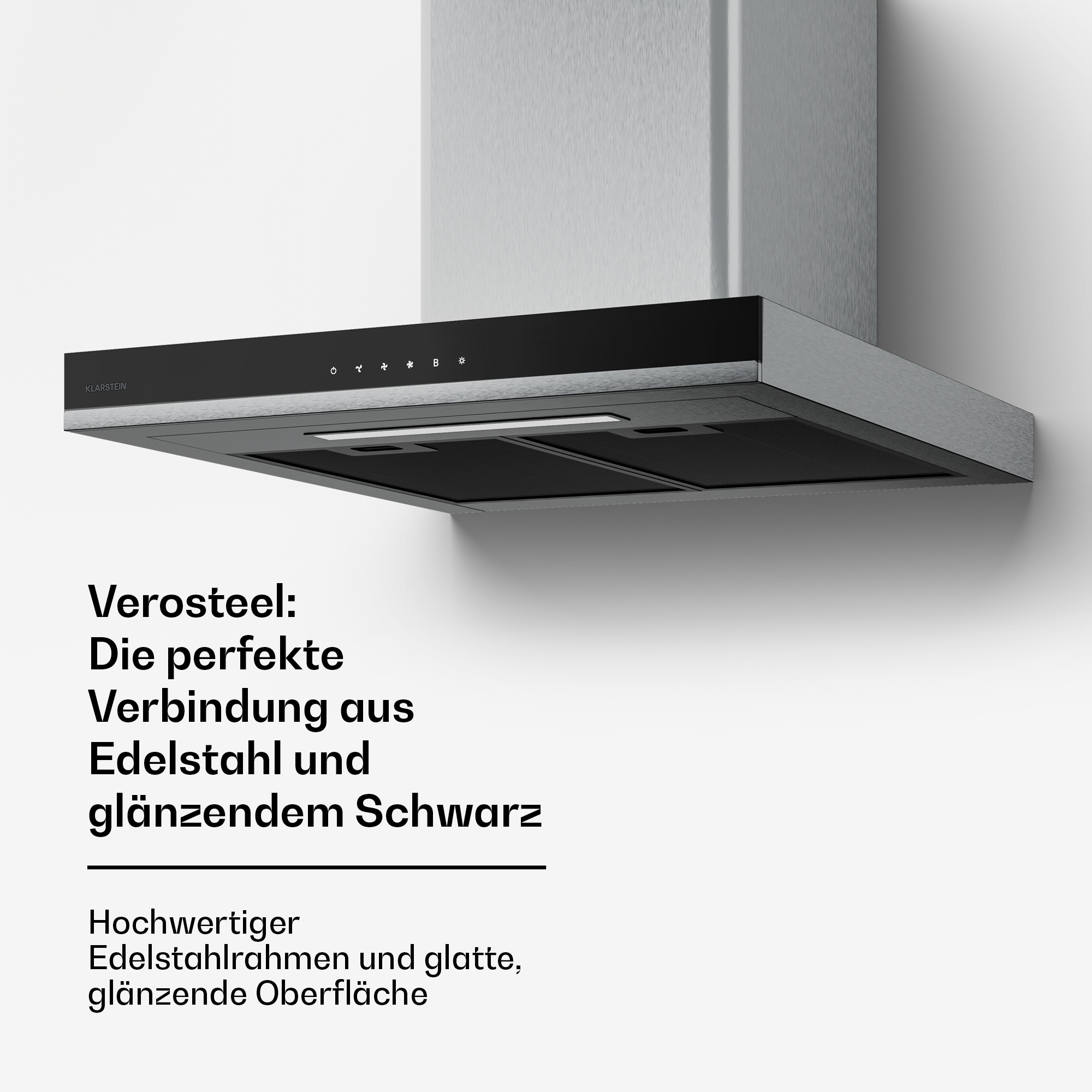 Moderne Dunstabzugshaube aus Edelstahl mit schwarzem Bedienfeld und Text.