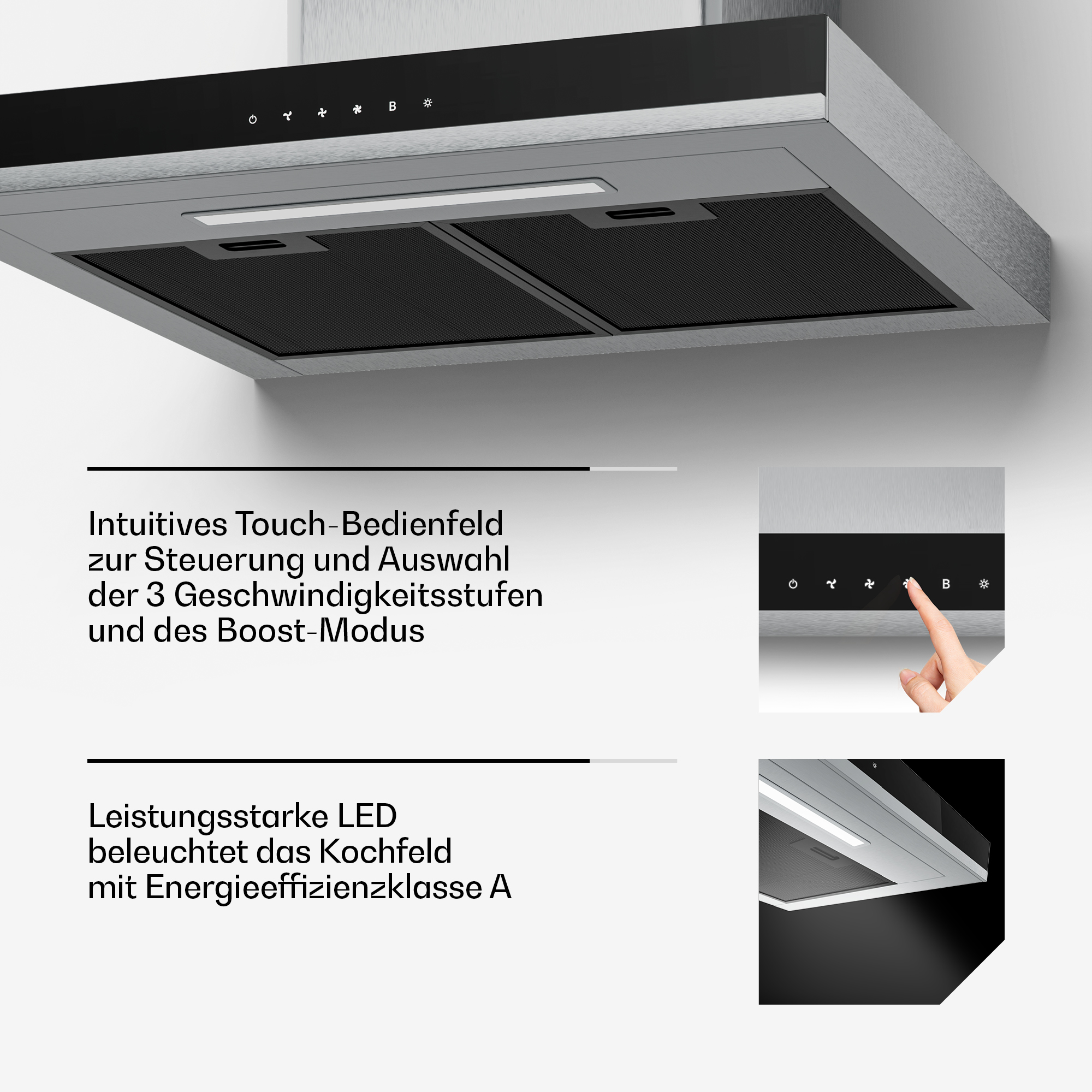 Dunstabzugshaube mit Touch-Bedienfeld, LED-Beleuchtung und Texten in deutscher Sprache.