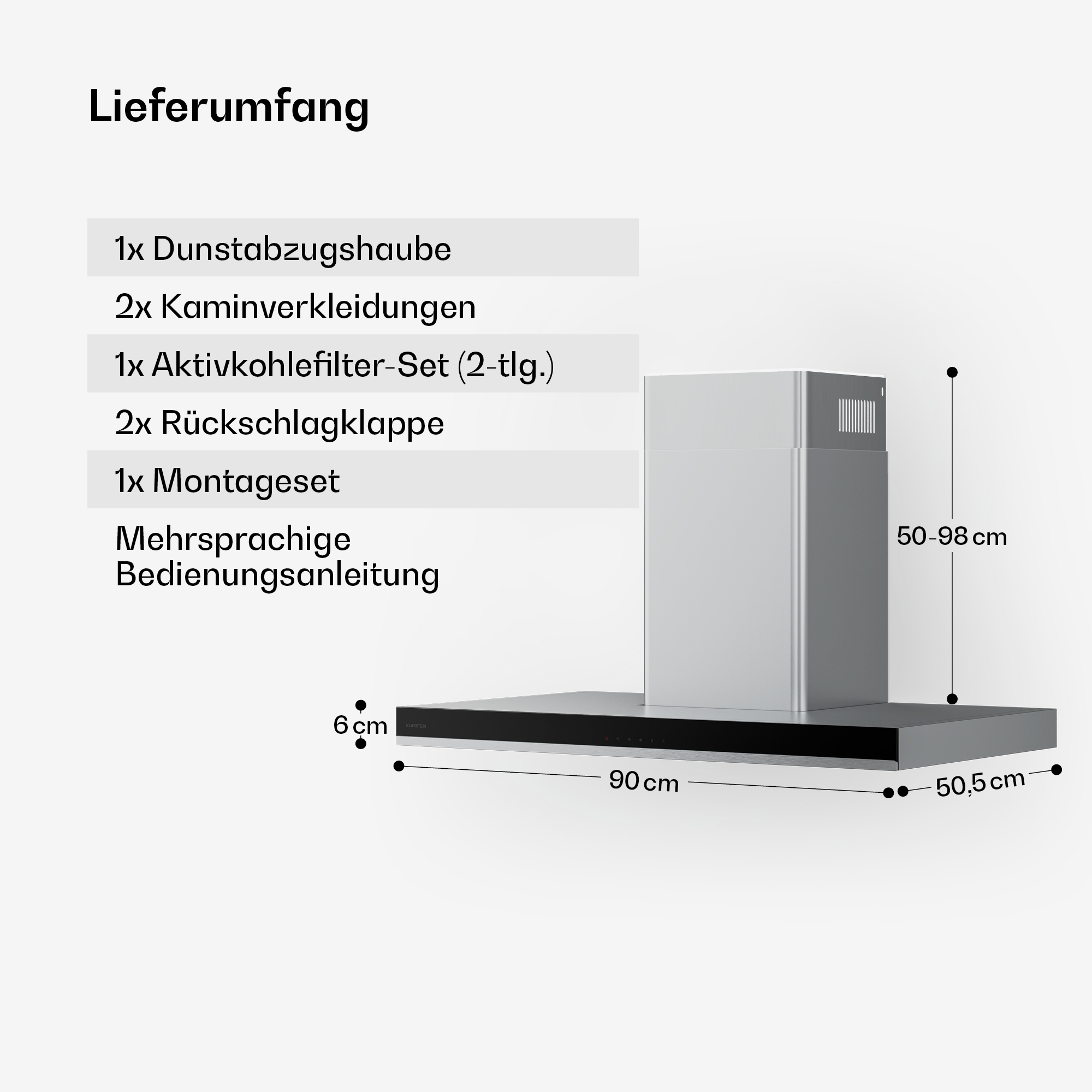 Diagramm zeigt eine Dunstabzugshaube mit Abmessungen und Lieferumfang.