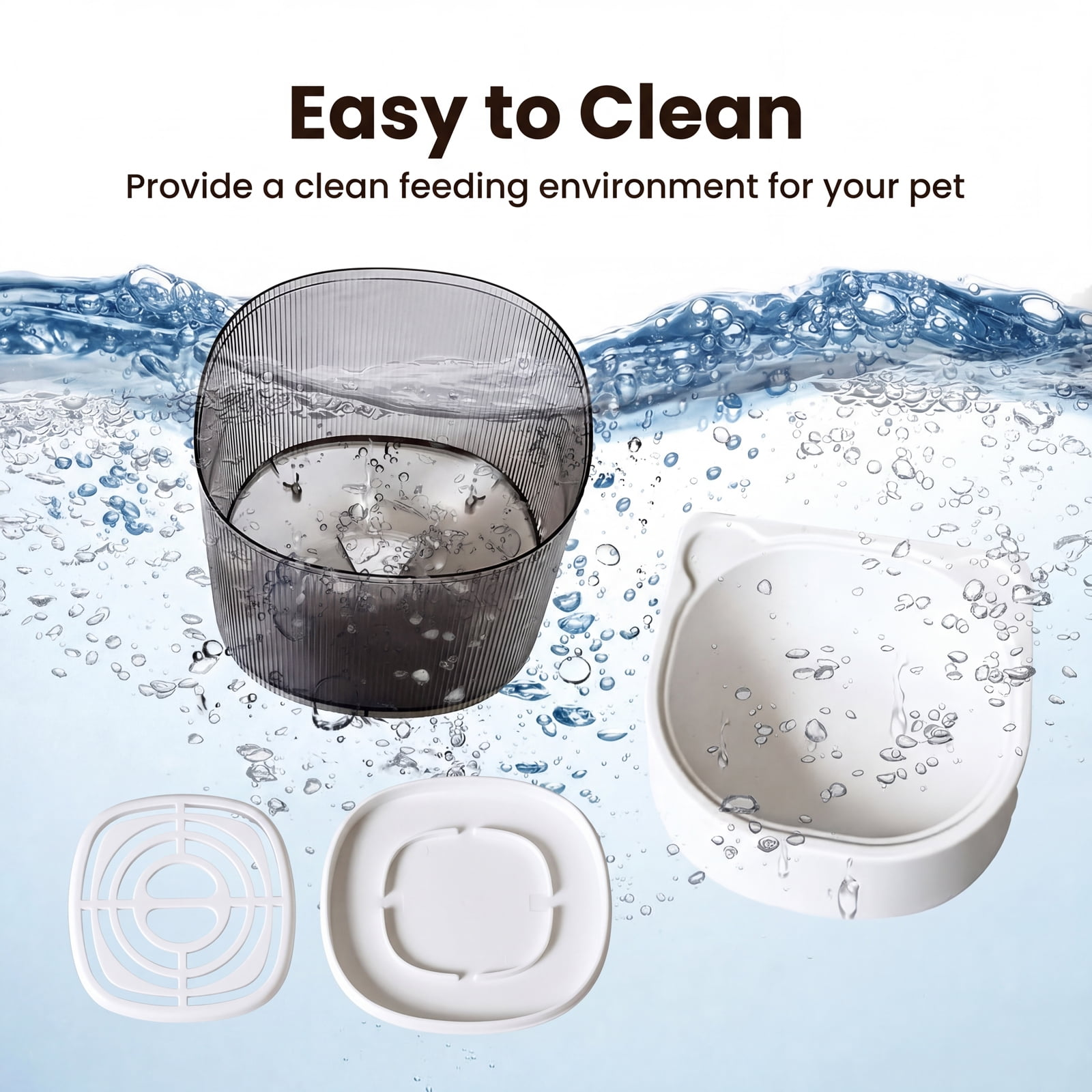 Teile eines Haustierbrunnens unter Wasser mit Blasen und dem Text Easy to Clean.