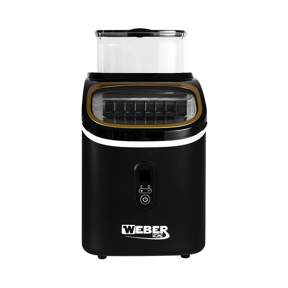 Schwarze Weber Home Eismaschine mit transparentem Wassertank, goldenem Rand und digitalem Bedienfeld auf weißem Grund.