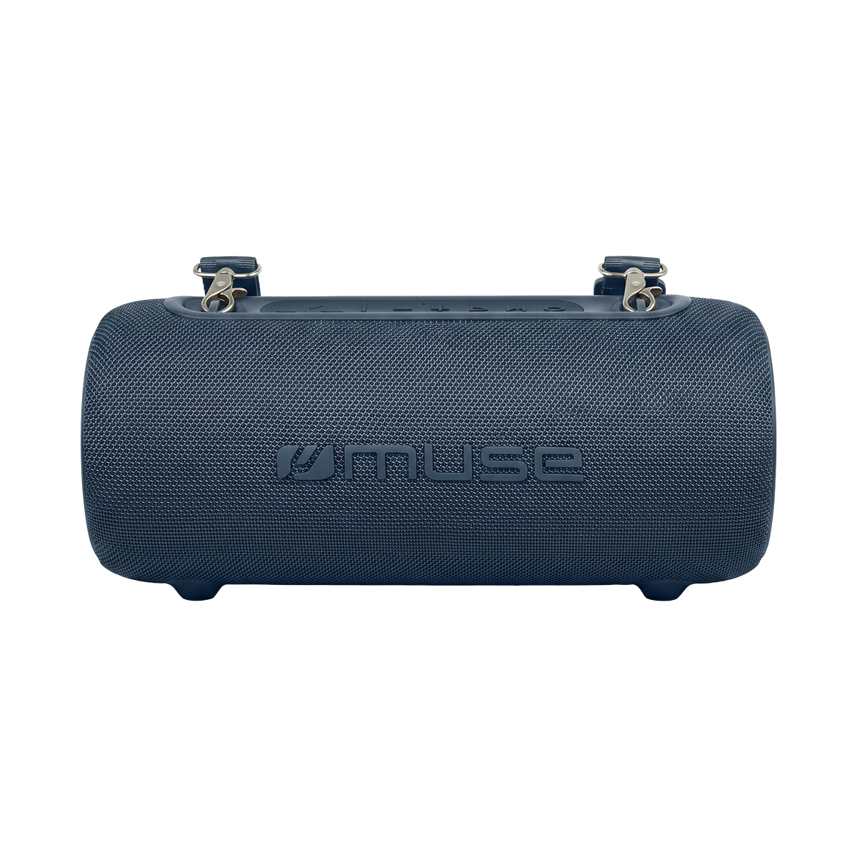 Ein zylinderförmiger, blauer Muse-Bluetooth-Lautsprecher mit Trageclips auf einer weißen Hintergrundfläche.