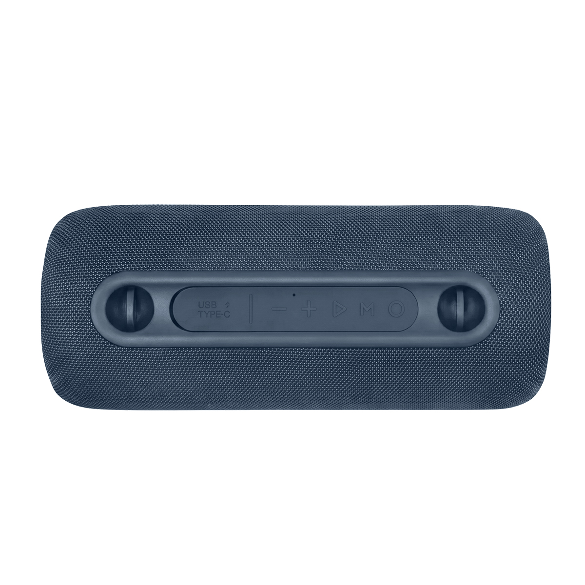 Ein blauer, ovaler Bluetooth-Lautsprecher auf weißem Hintergrund mit integrierten Tasten und USB-C-Anschluss.