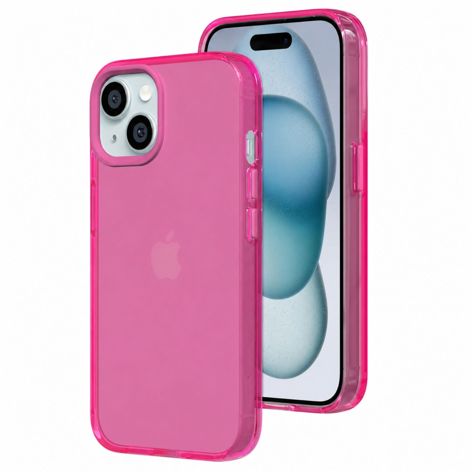 Ein Smartphone in einer leuchtend pinken Schutzhülle, gezeigt von vorne und hinten auf weißem Hintergrund.