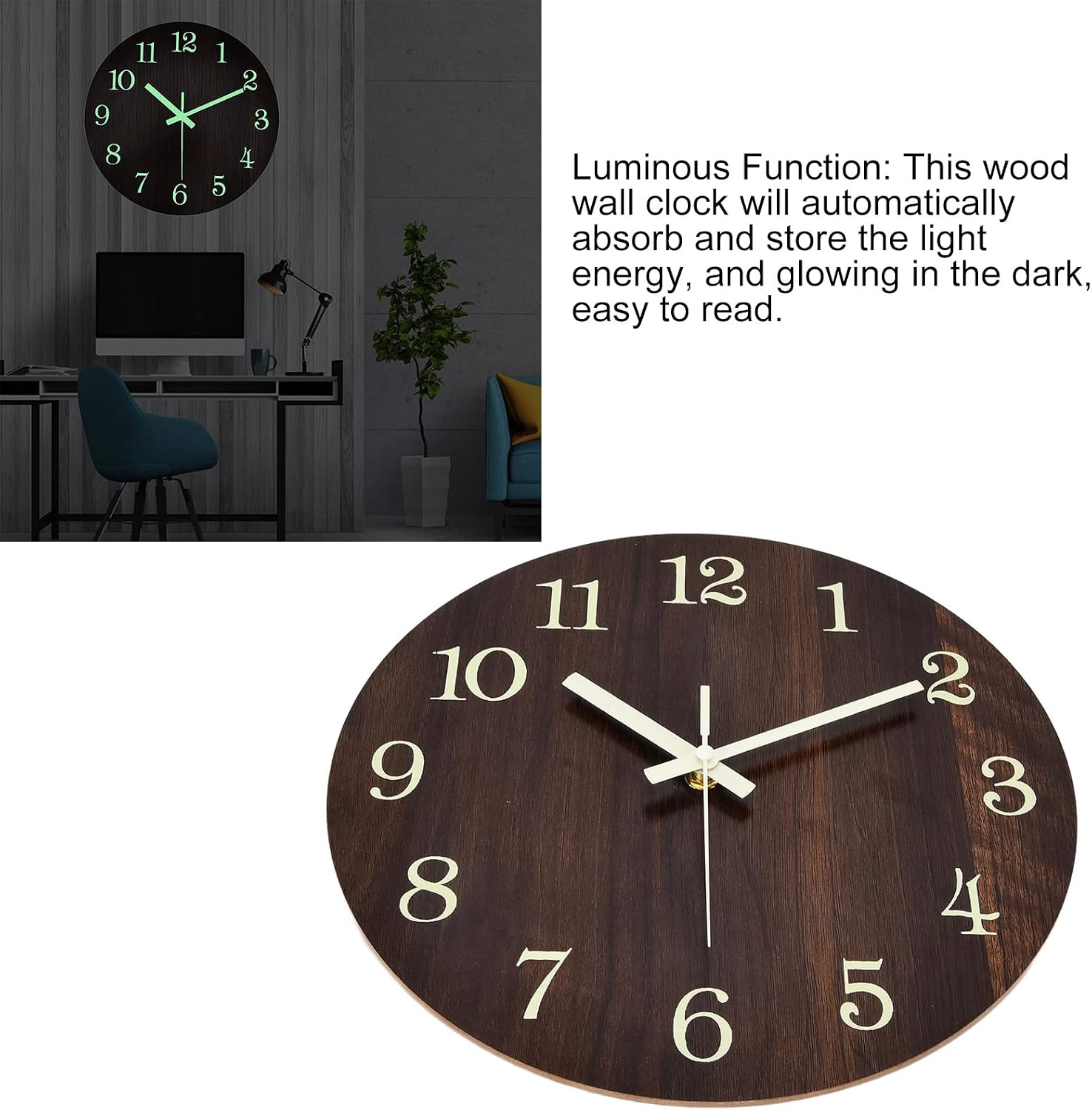 Eine hölzerne Wanduhr mit leuchtenden Zahlen und Zeigern hängt in einem schwach beleuchteten Raum.