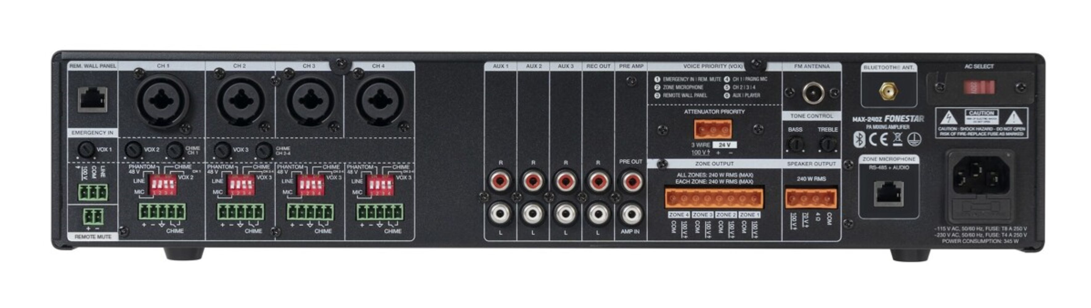 Tylny panel wzmacniacza audio z licznymi wejściami, wyjściami, gniazdami XLR, złączami RCA i pokrętłami.