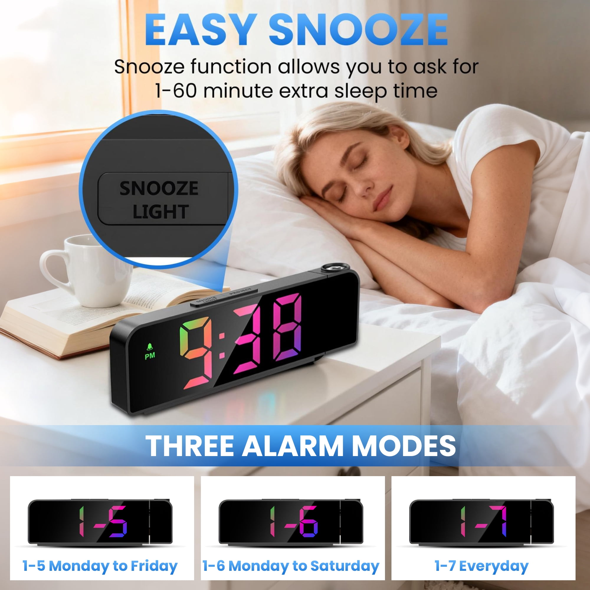 Digitale Wecker mit Snooze-Funktion neben schlafender Frau im Bett.