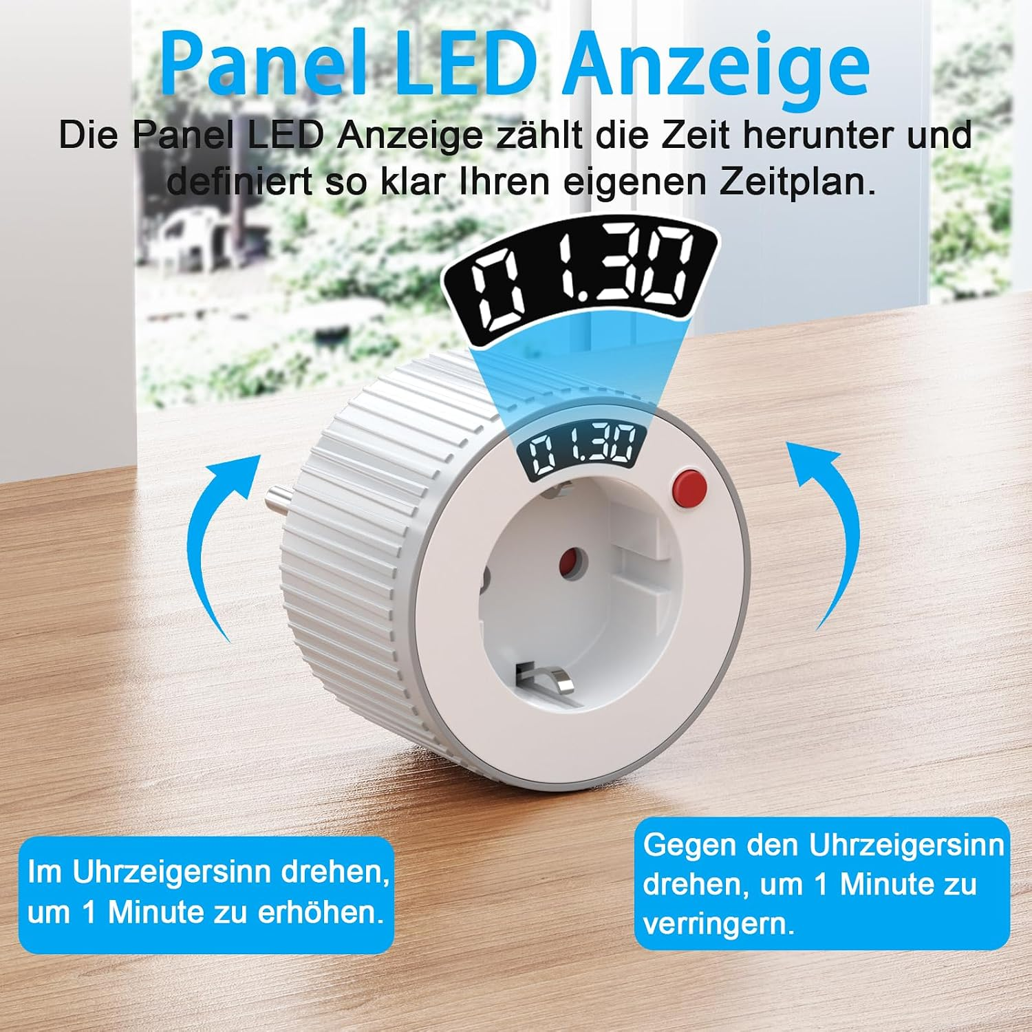 Ein runder Smart-Stecker mit LED-Display auf einem Holztisch, mit deutschem Text und Pfeilen.