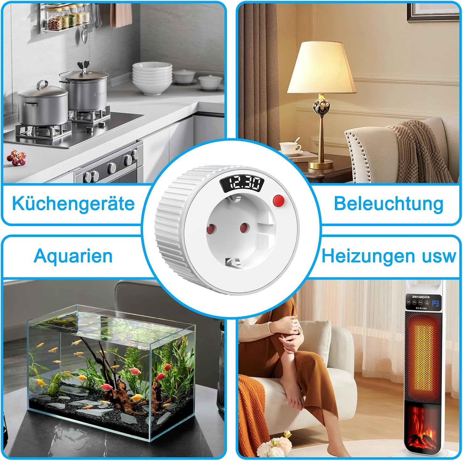 Collage zeigt eine digitale Zeitschaltuhr in der Mitte, umgeben von Küchengeräten, einer Lampe, einem Aquarium und einer Heizung.