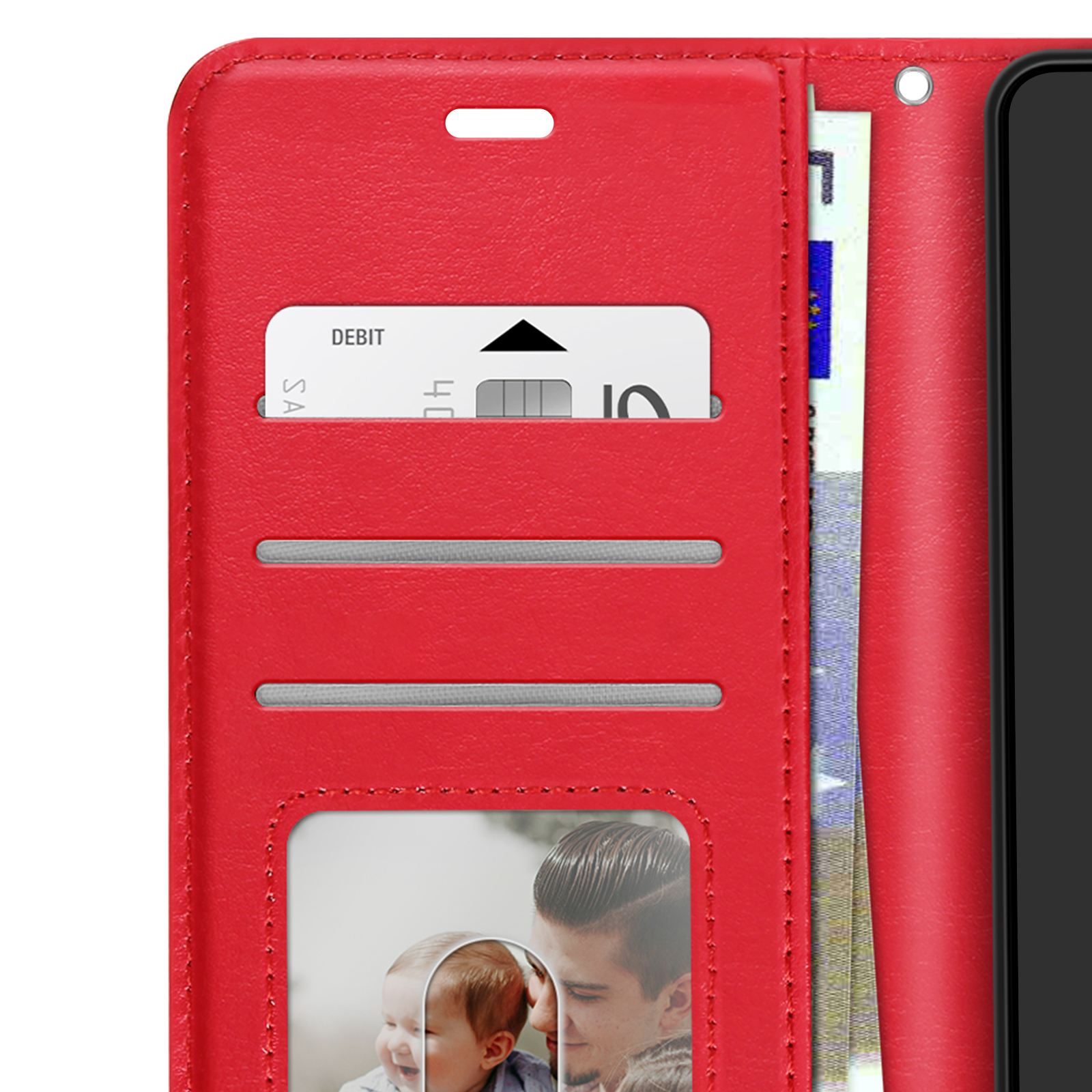 Rote Leder-Handyhülle mit Kreditkarten, Geldschein und Fotorahmen.