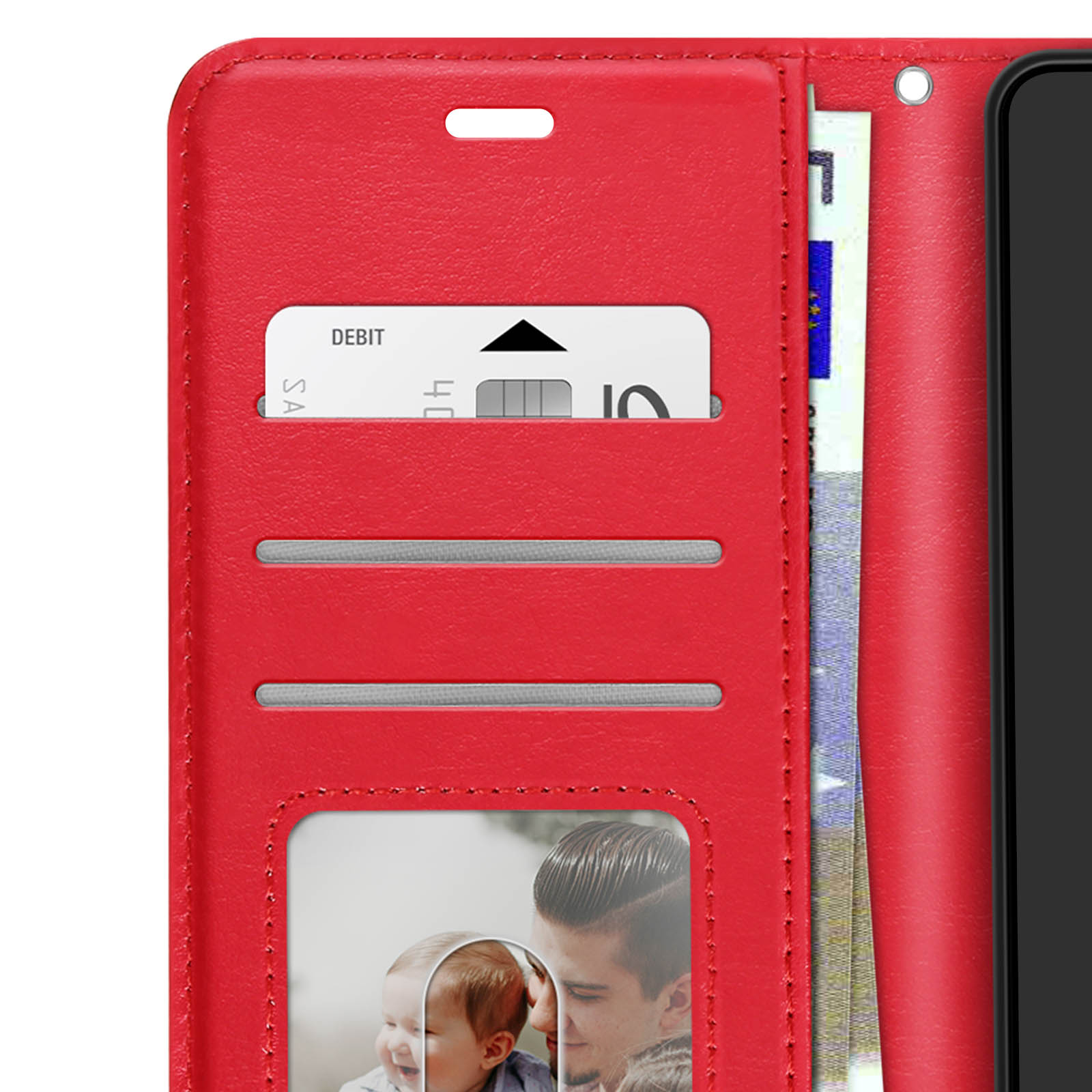 Rote Leder-Handyhülle mit Kreditkartenfächern, Euro-Scheinen und einem Familienfoto.