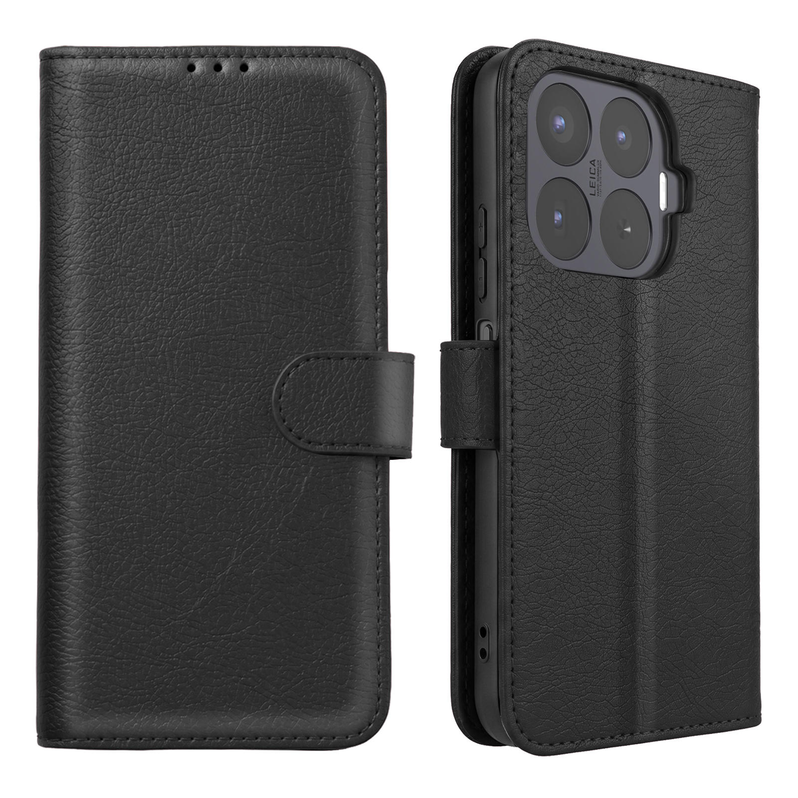 Eine schwarze Ledertasche für Smartphones mit Magnetverschluss, vorne und hinten geschlossen gezeigt.