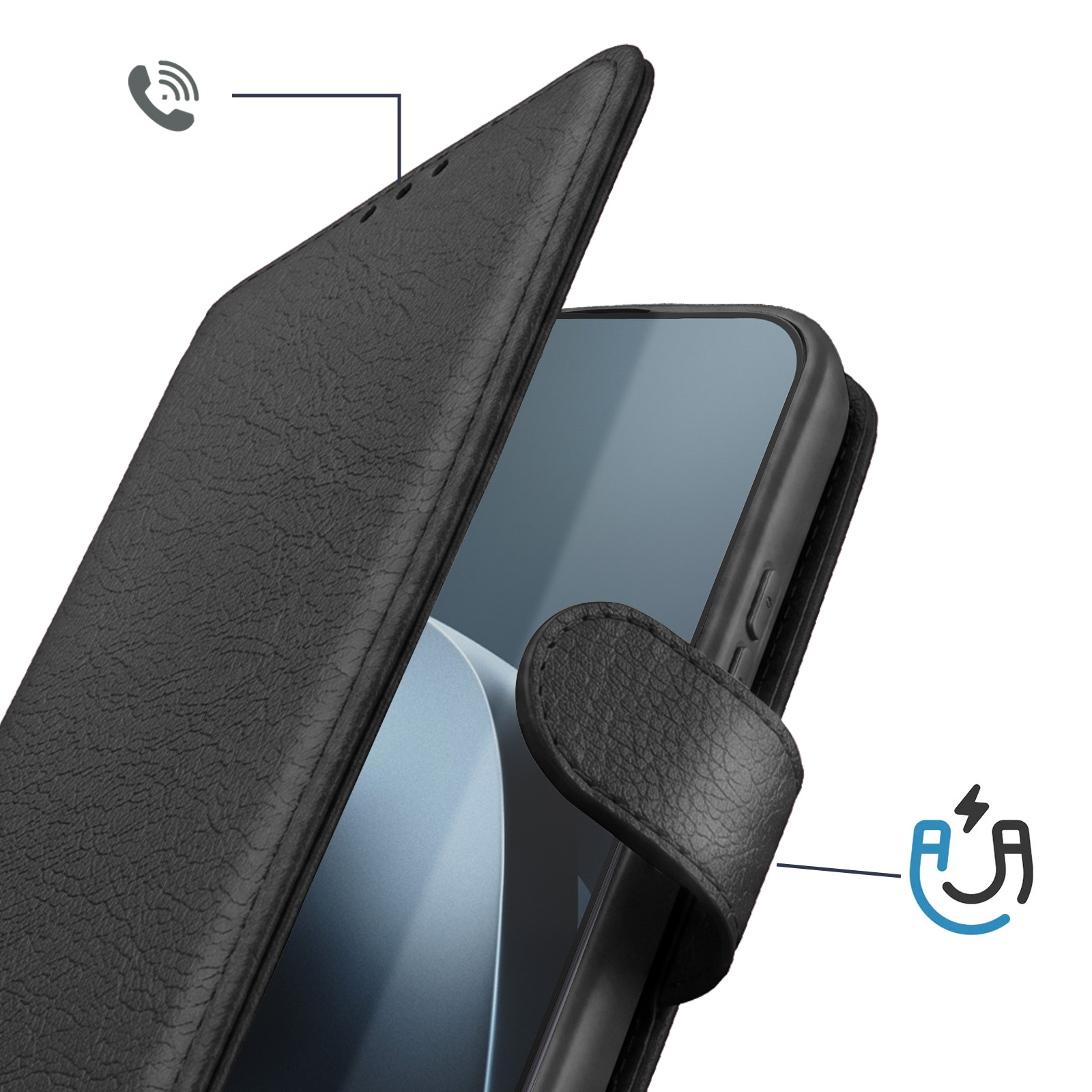 Schwarze Leder-Handy-Hülle mit Magnetverschluss und Anruffunktionssymbol.