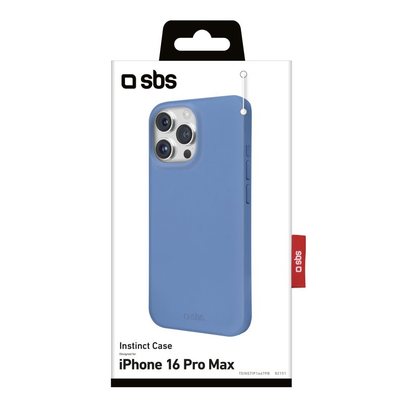 Blaue Silikon-Handyhülle für iPhone 16 Pro Max in weißer SBS-Verpackung.