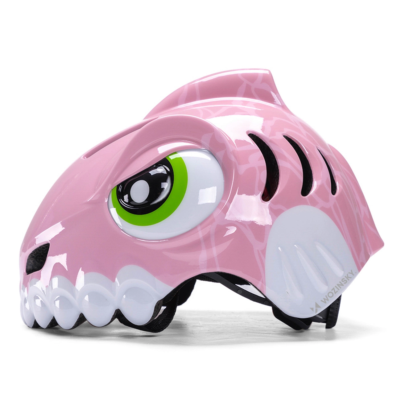 Casco da bici rosa per bambini a forma di squalo, con grandi occhi verdi e bianchi e denti bianchi.