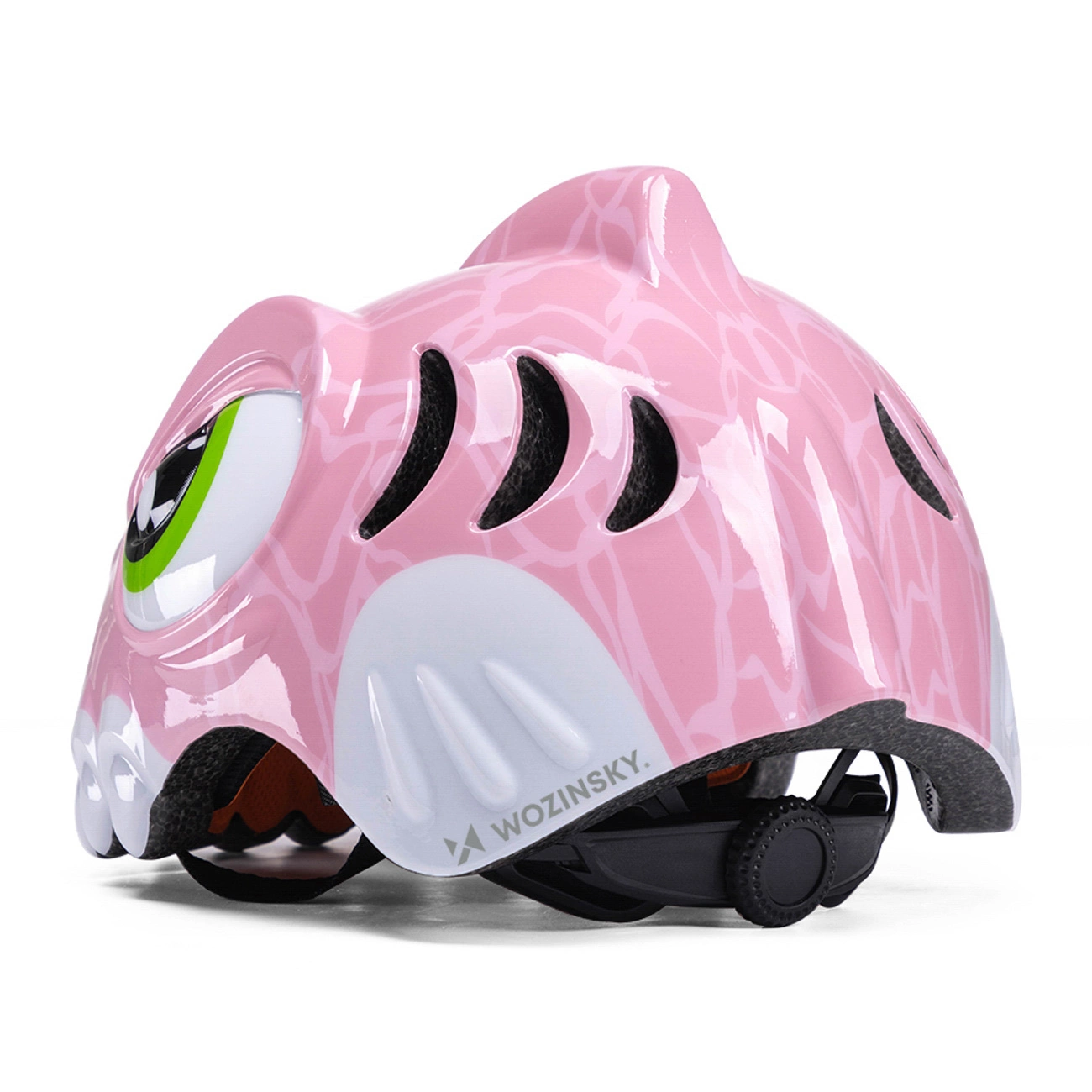 Casco da bici rosa per bambini con grandi occhi, pinna e logo Wozinsky.