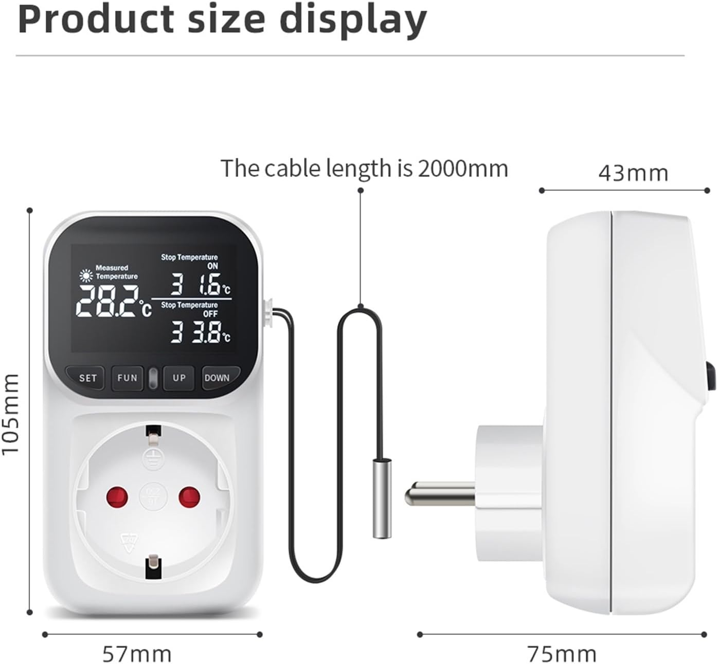 Produktgrößenanzeige eines Thermostat-Steckers mit Kabel und Maßen von 105x57x75mm.
