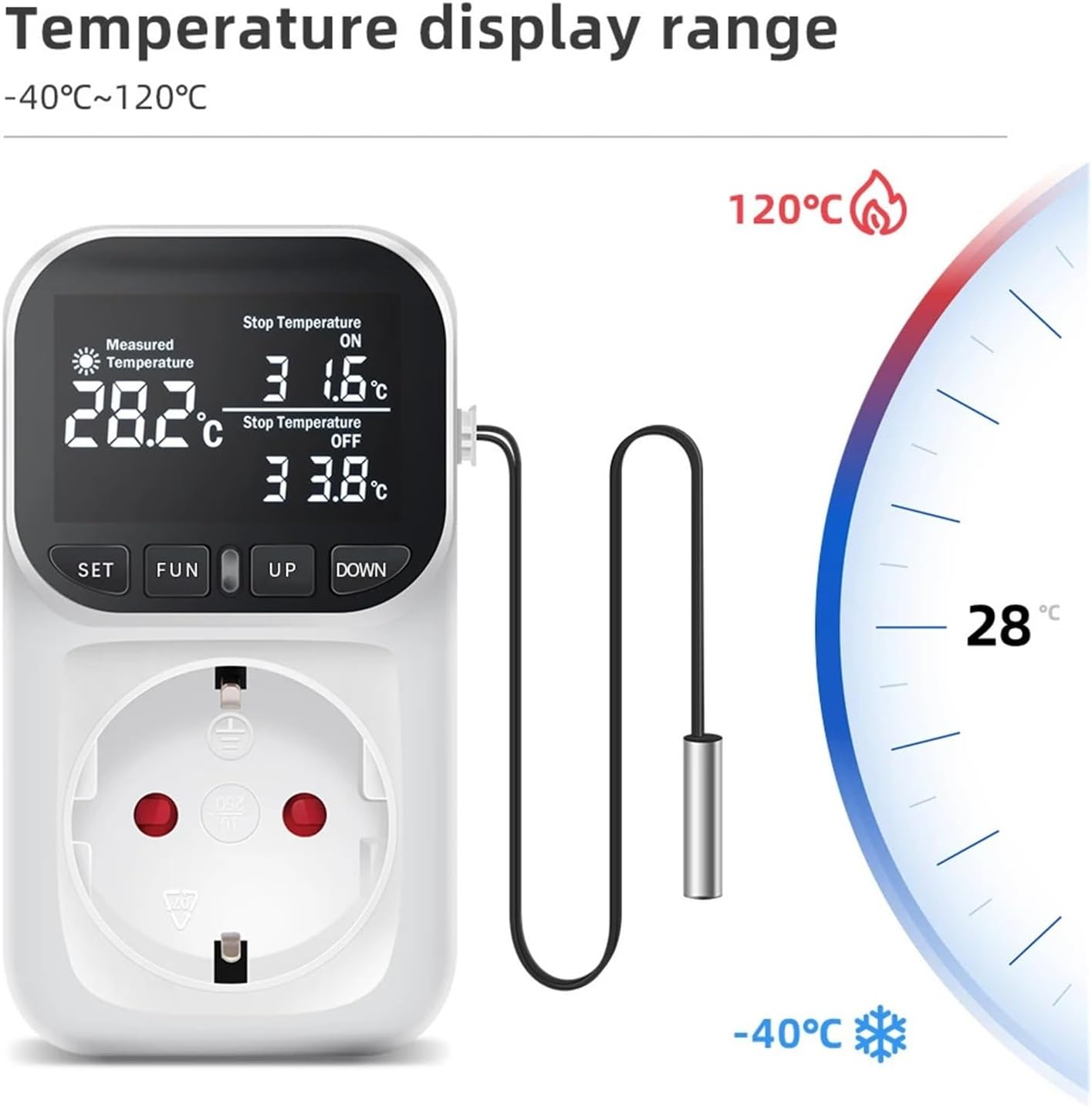 Digitaler Thermostat-Stecker mit Messbereich von -40°C bis 120°C, Display und Sonde.