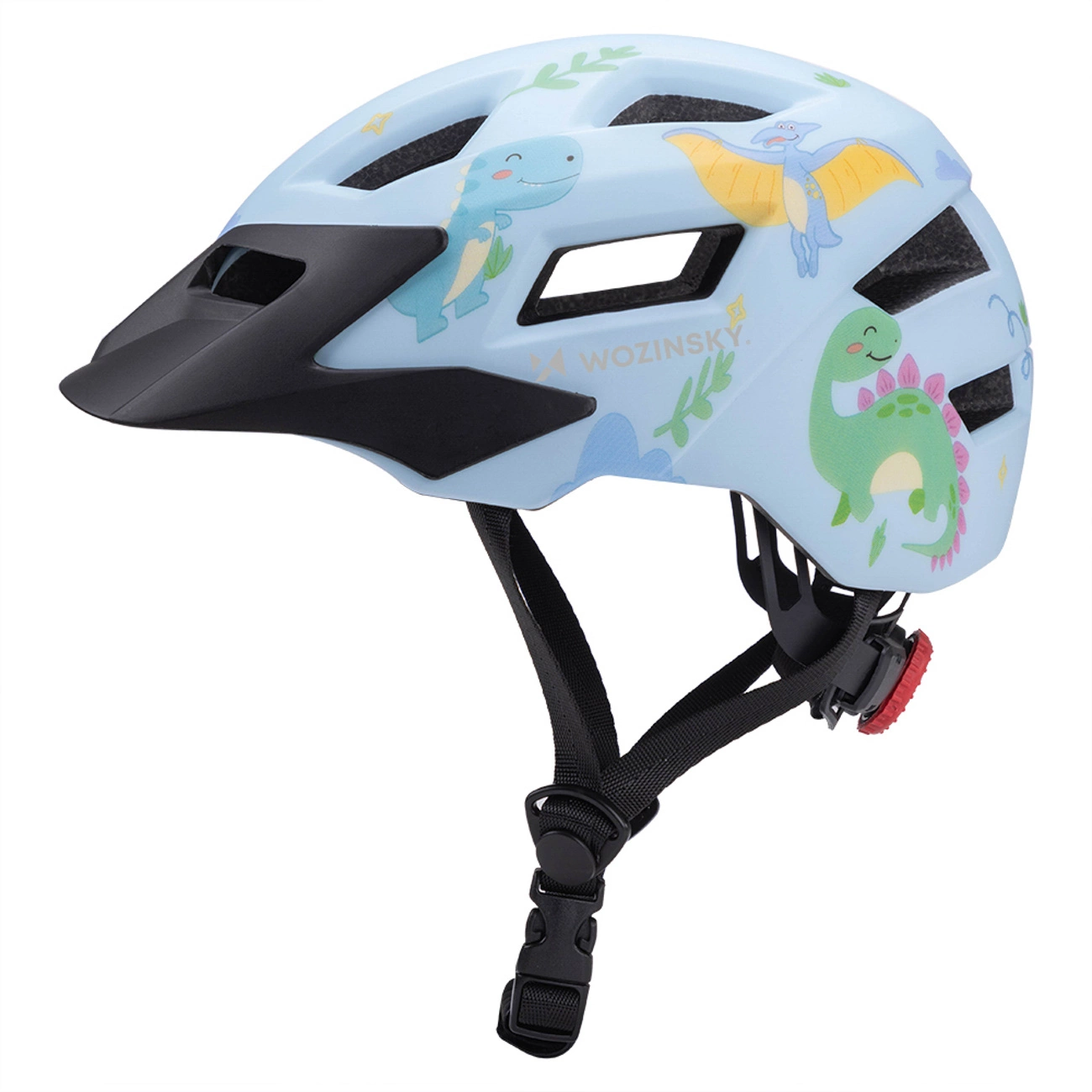 Casco da bicicletta per bambini azzurro con dinosauri colorati e visiera nera.