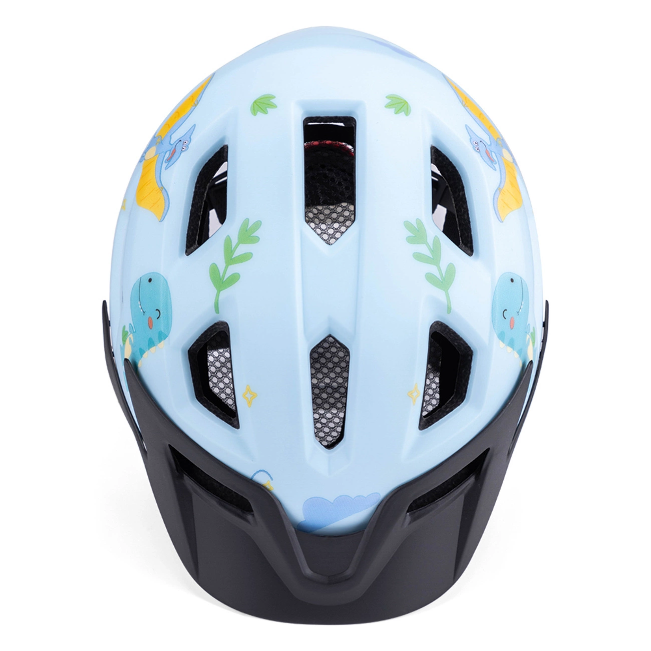 Casco per bambini azzurro con motivi di dinosauri e dettagli neri.