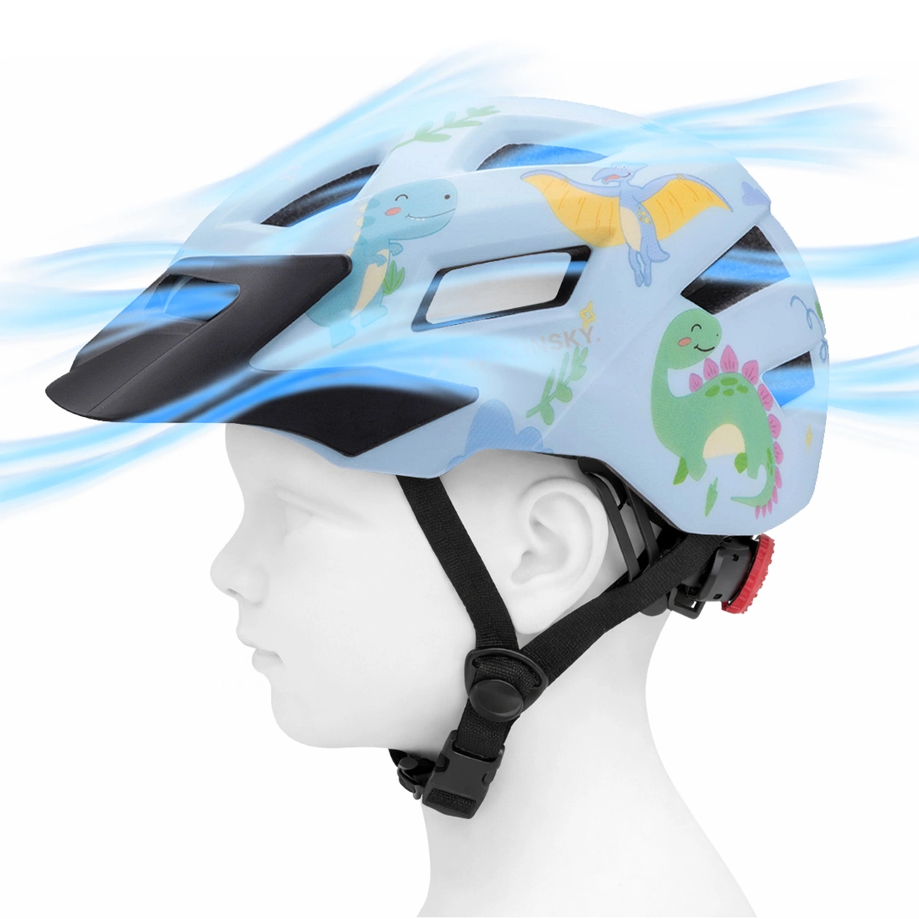 Un casco per bambini azzurro con dinosauri e linee d'aria su un manichino bianco.