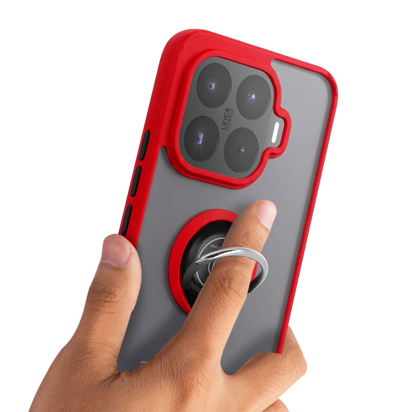 Hand hält rotes Smartphone mit grauer Rückseite, Kamera und einem silbernen Ringhalter.