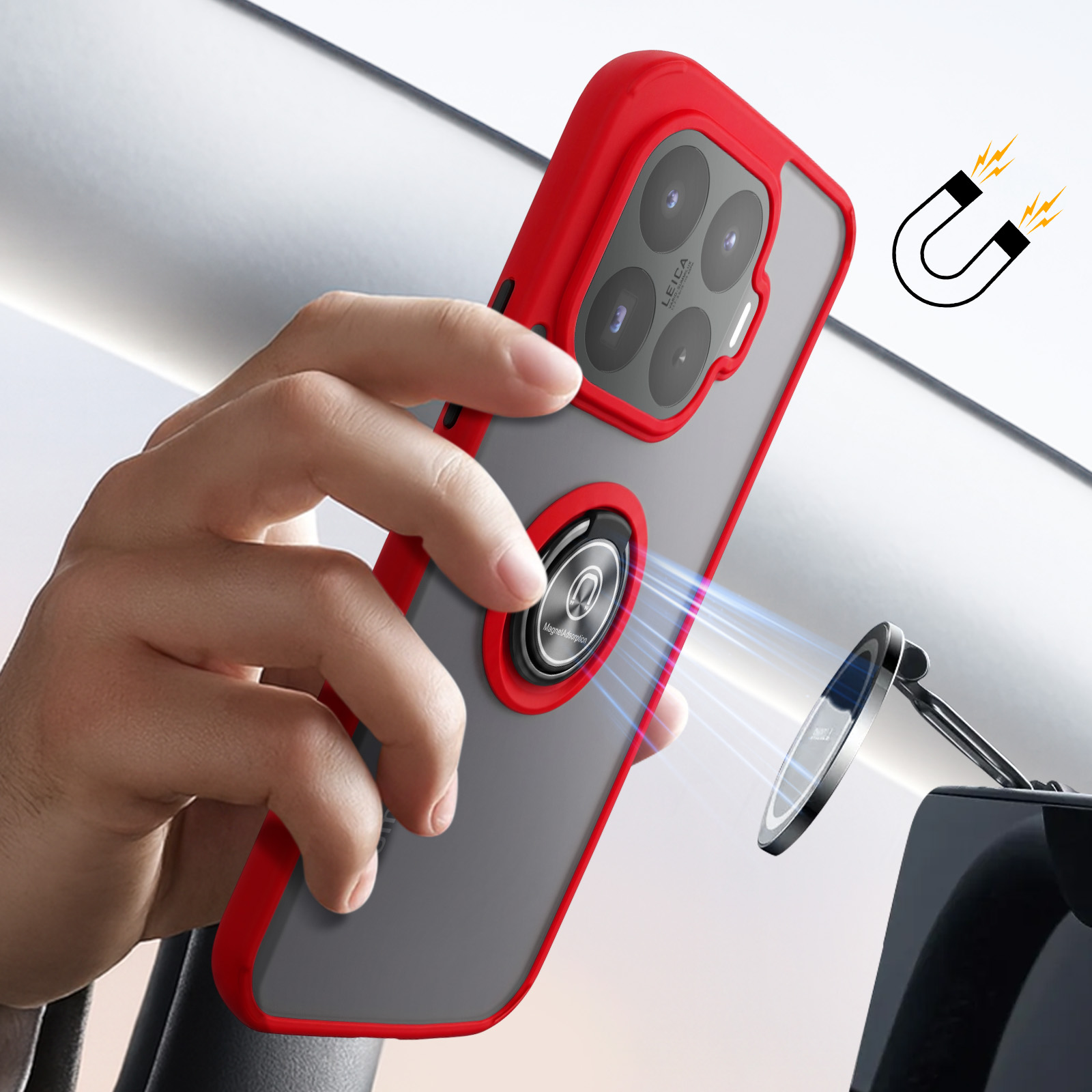 Eine Hand befestigt eine rot eingefasste Handyhülle mit Magnetring an einer Autohalterung.