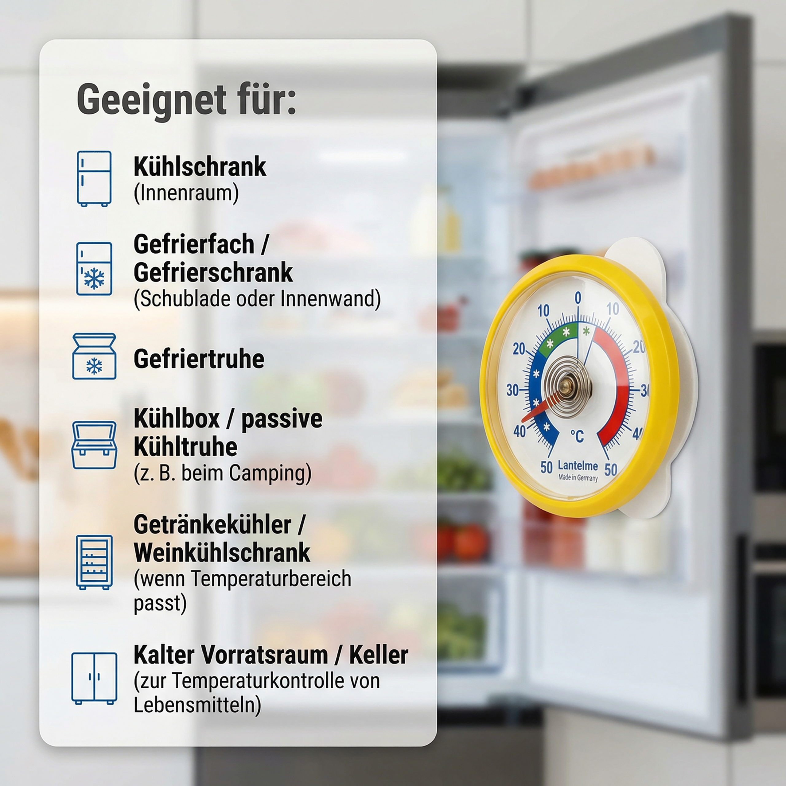 Gelbes Kühlschrankthermometer vor einem geöffneten Kühlschrank und einer Liste von Anwendungsbereichen auf Deutsch.