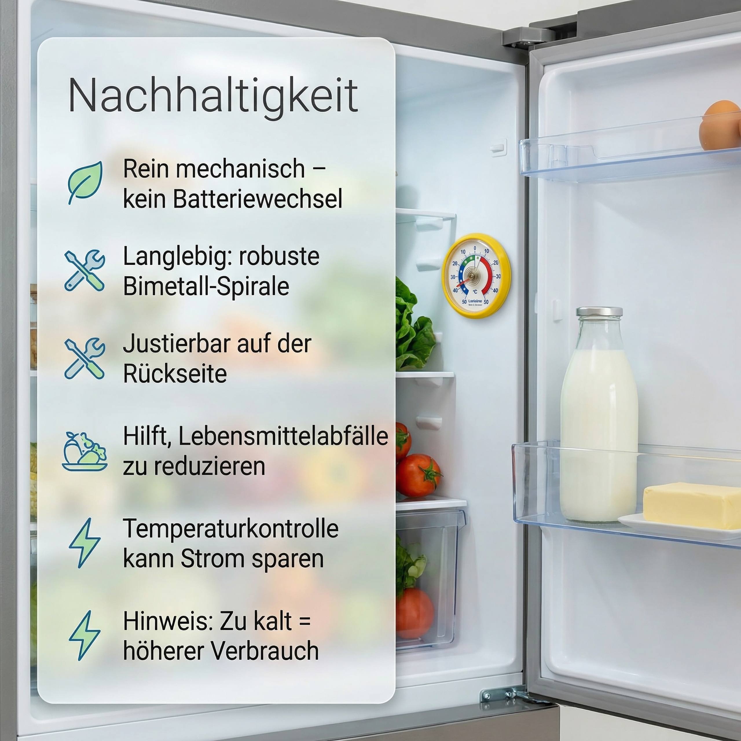 Ein offener Kühlschrank mit gelbem Analogthermometer, Milchflasche, Butter und Nachhaltigkeits-Textüberlagerung.