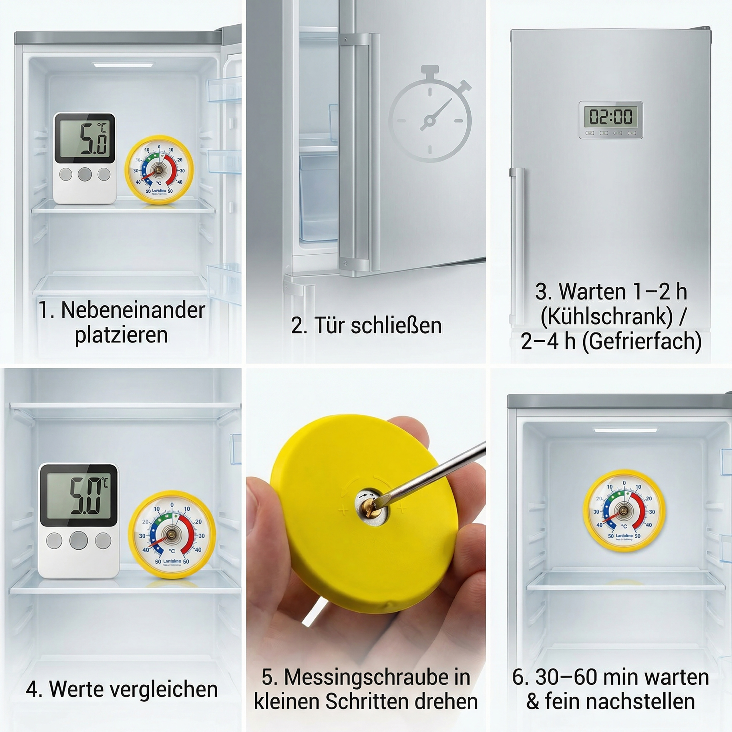 Sechs Bilder zeigen Schritte zum Einstellen eines Kühlschrankthermometers mit digitalen und analogen Geräten.