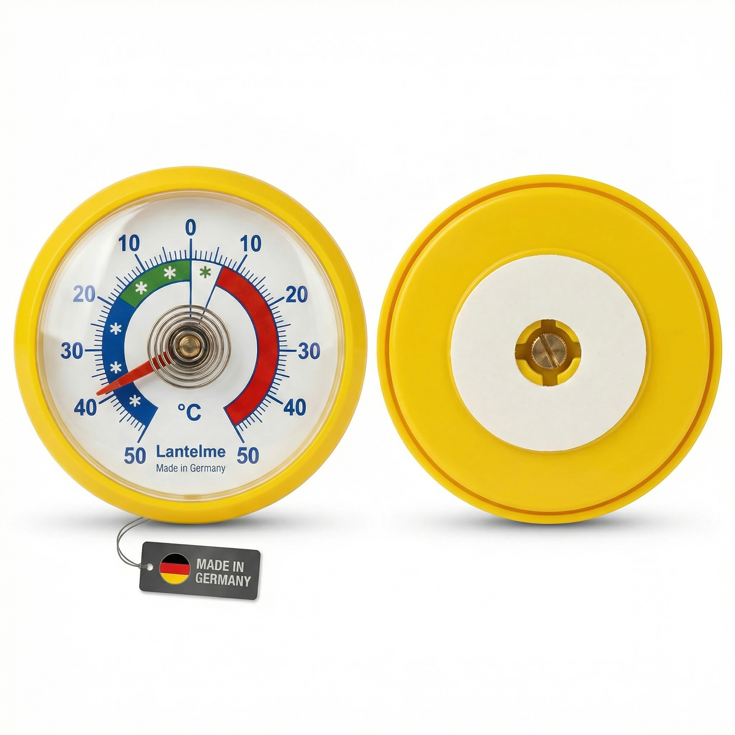 Gelbes Lantelme Thermometer, Vorder- und Rückseite, mit deutscher Flaggen-Etikette auf weißem Hintergrund.