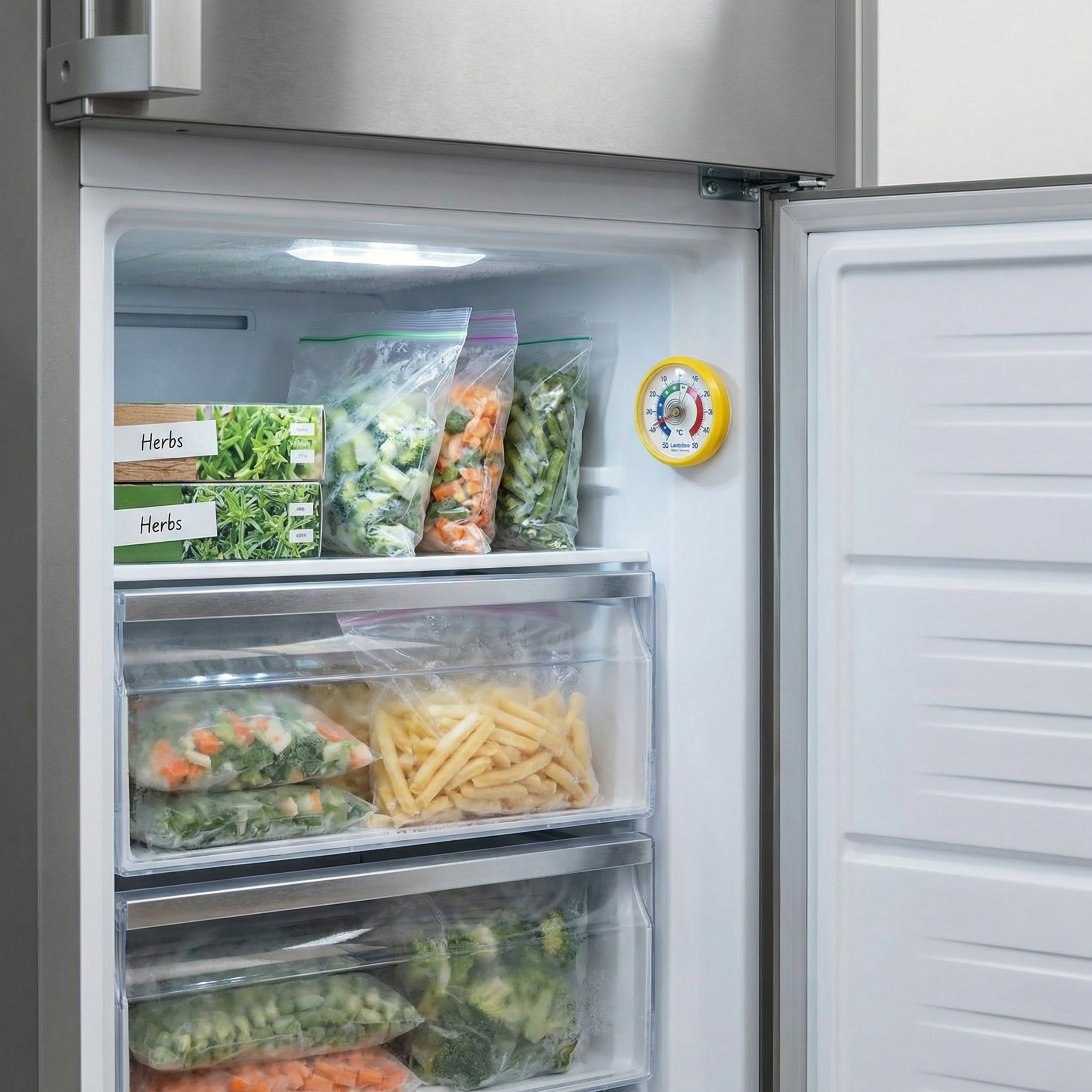 Ein offener Edelstahltiefkühlschrank mit beschrifteten Beuteln, Kräuterboxen und einem gelben Thermometer.
